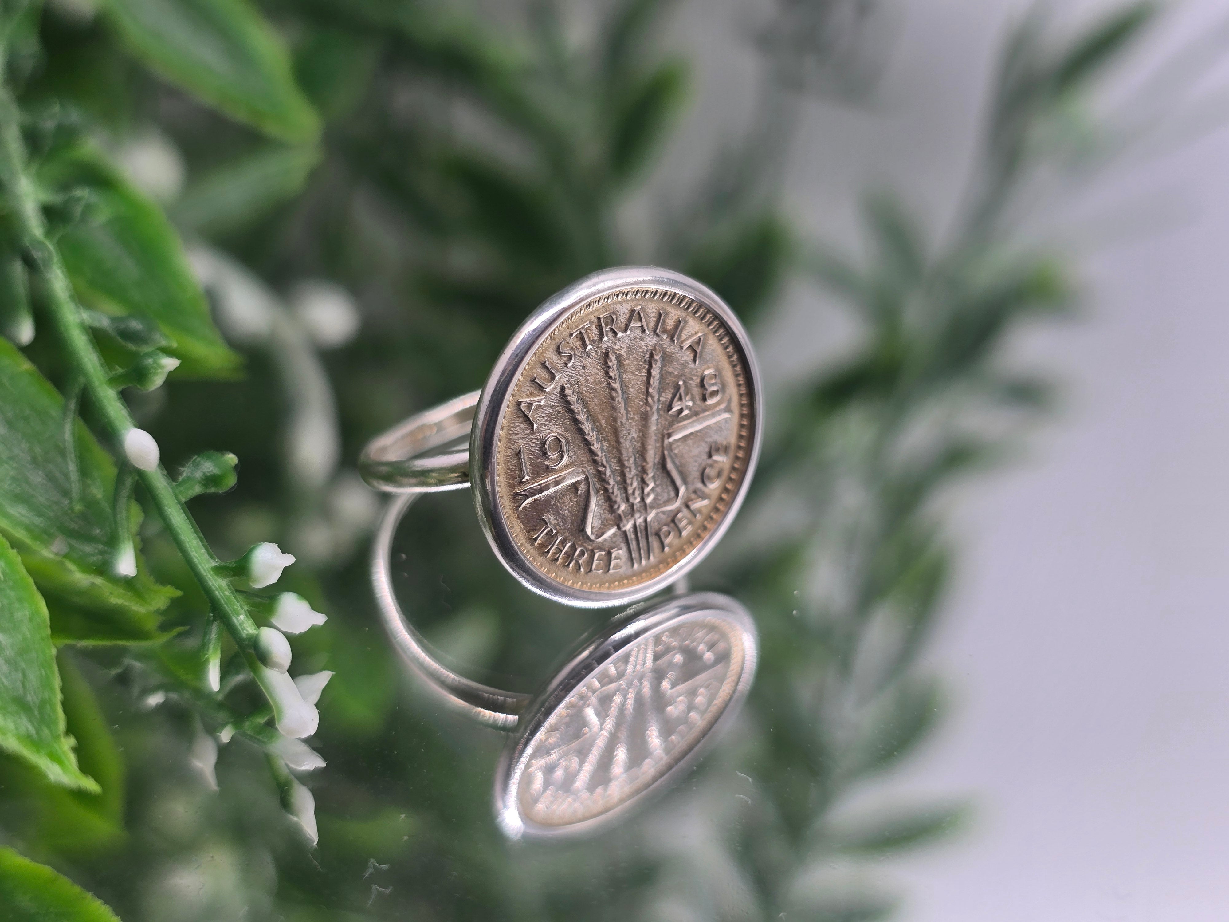 Australian Three Pence 1948 Silver Ring – Size 6 Crystal Wellness