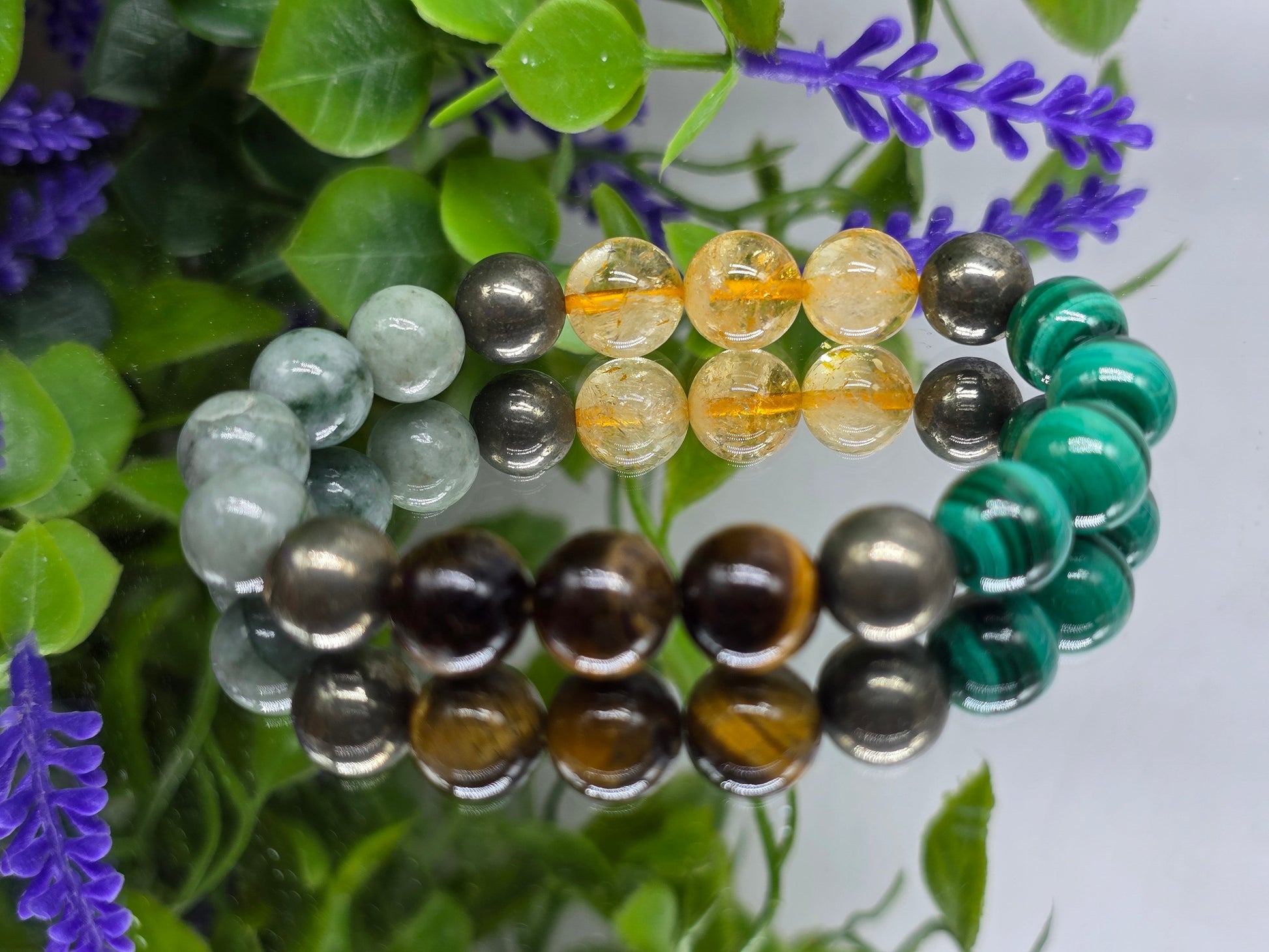 “Wealth & Power Alignment Bracelet – 10mm Imperial Jade, Malachite, Tiger’s Eye, Citrine & Pyrite” Crystal Wellness