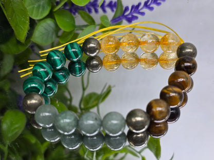 Wealth & Power Alignment Bracelet – 10mm Imperial Jade, Malachite, Tiger’s Eye, Citrine & Pyrite Crystal Wellness