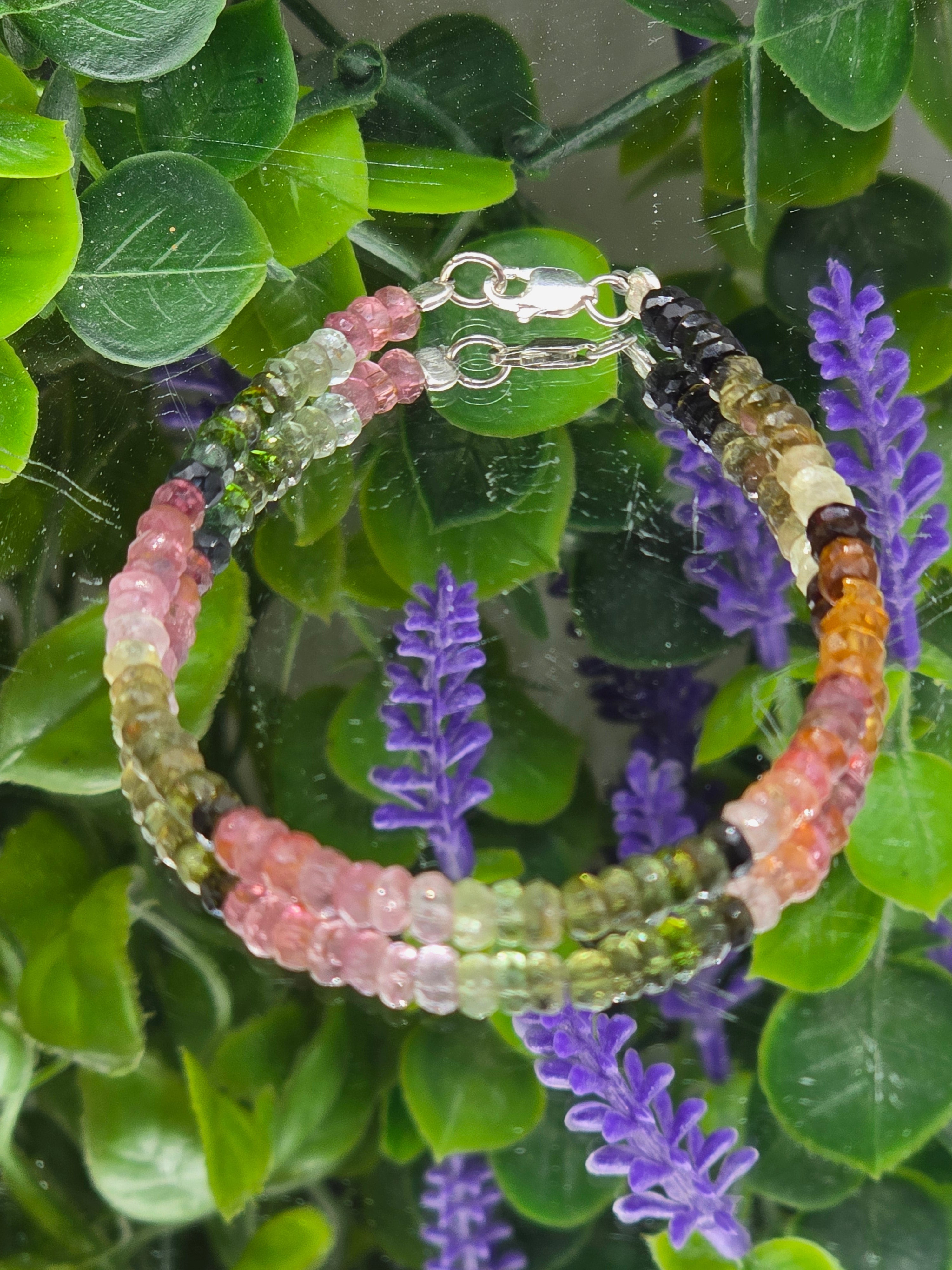 🌈 Watermelon & Multicolour Tourmaline 3mm 925 Sterling Silver Bracelet – Emotional Balance, Protection & Joy Crystal Wellness