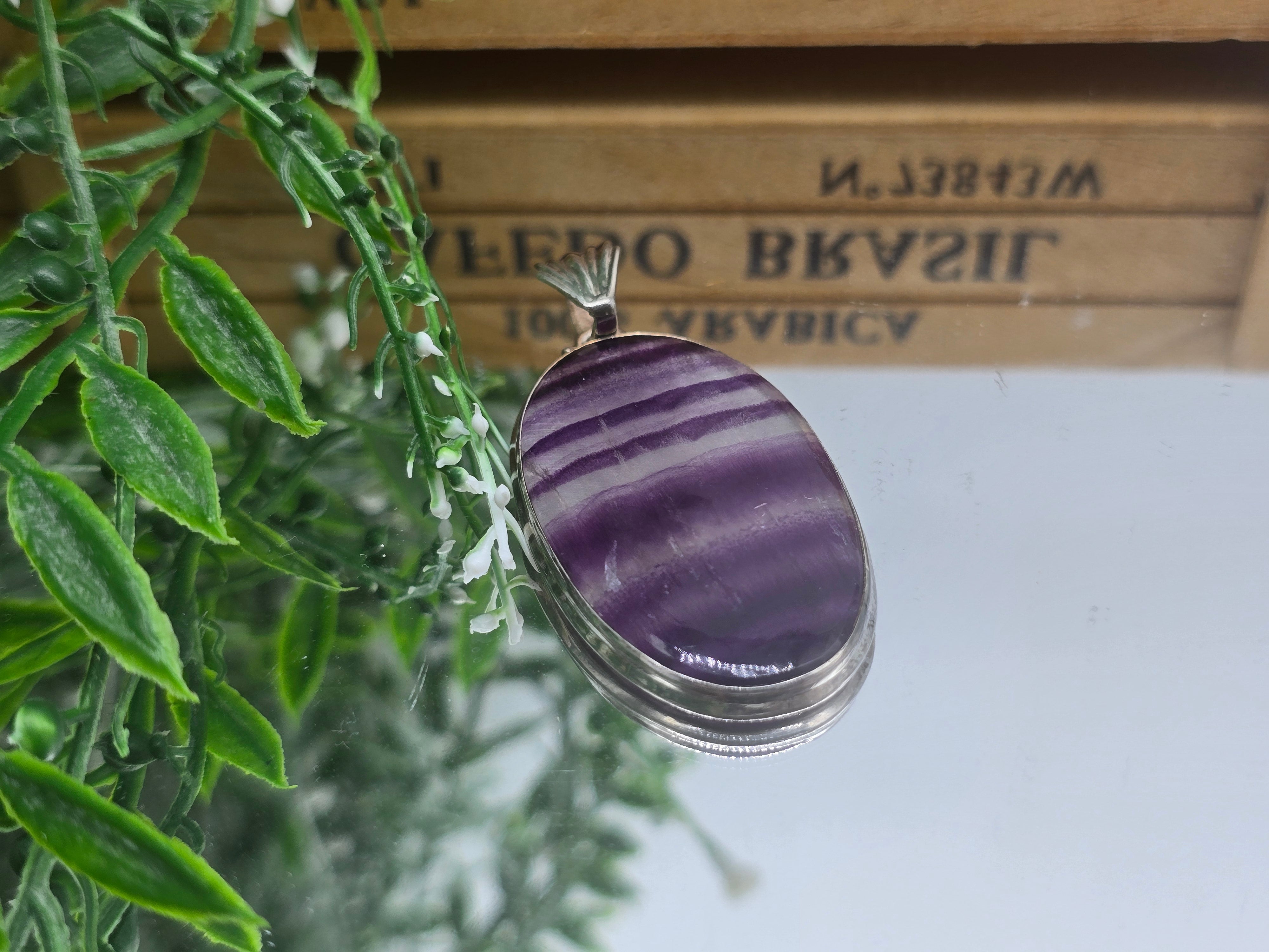 Fluorite 925 Sterling Silver Pendant – 48 × 30 mm | Stone of Focus, Clarity & Protection Crystal Wellness