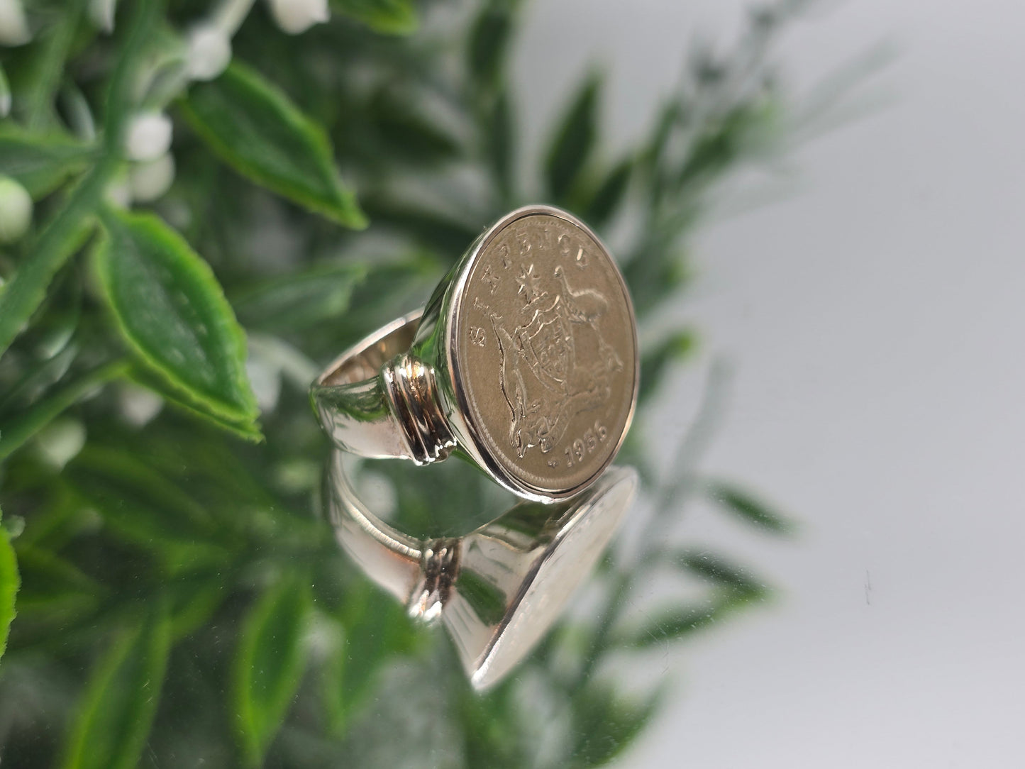 Australian memorable coin six pence year 1956 in 925 Sterling silver ring size 5 Crystal Wellness