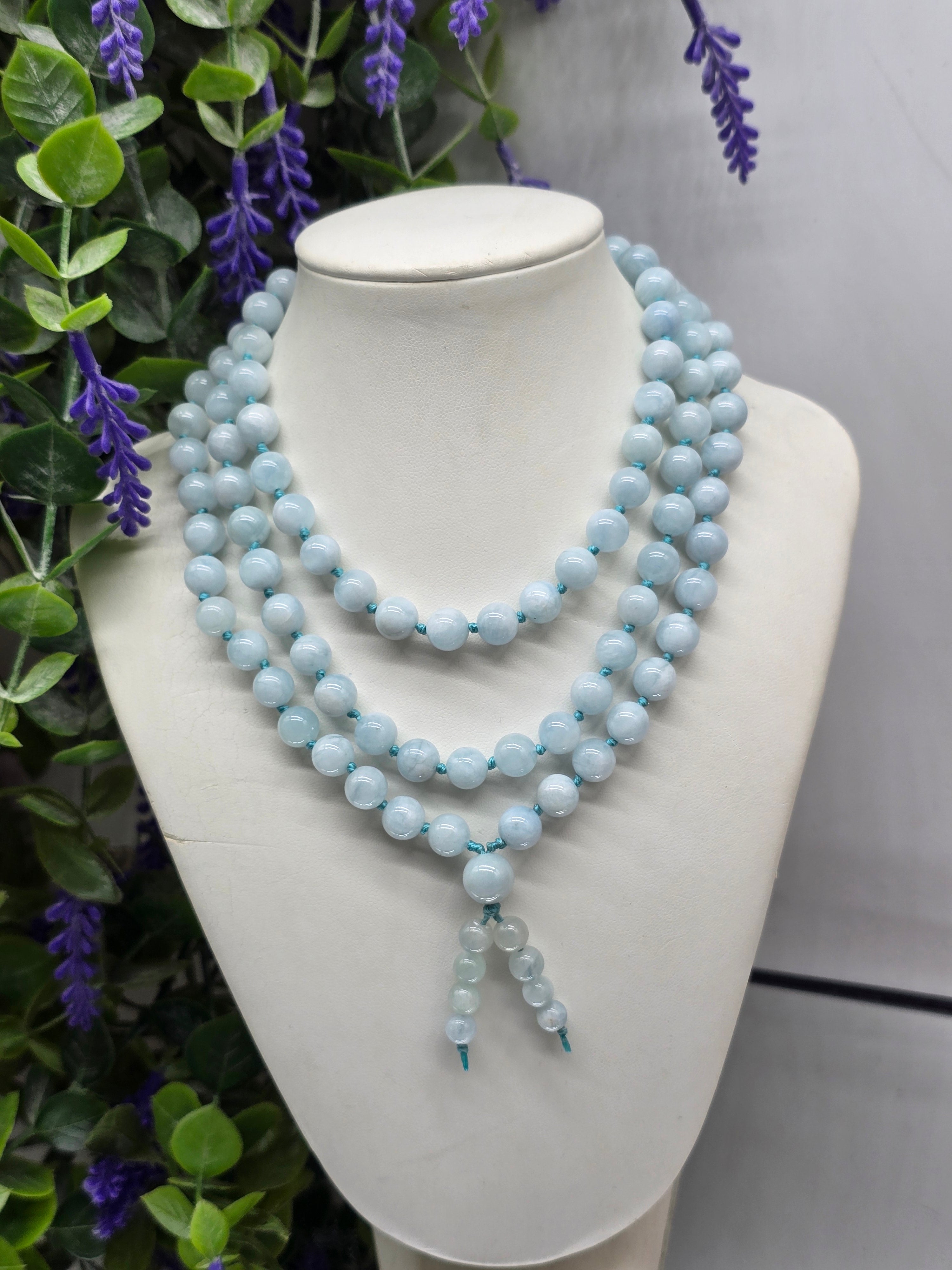 AAA Natural Aquamarine 108 Mala Beads 8mm – Stone of Courage & Calm Communication Crystal Wellness