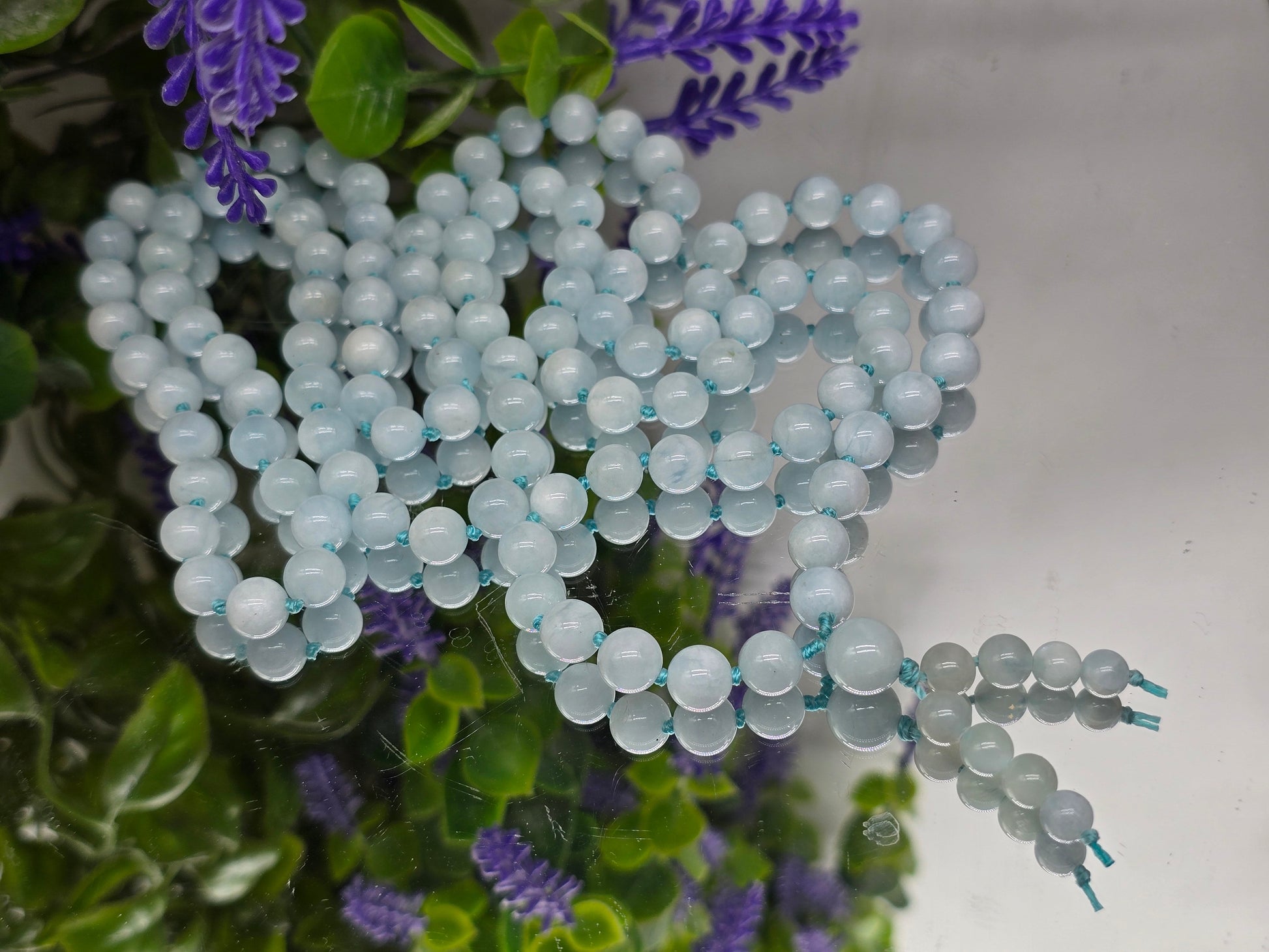AAA Natural Aquamarine 108 Mala Beads 8mm – Stone of Courage & Calm Communication Crystal Wellness