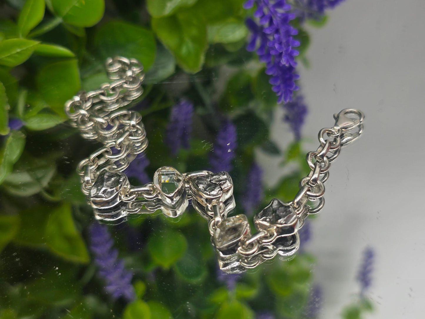 Genuine Herkimer Diamond & Campo del Cielo Meteorite  Bracelet – 925 Sterling Silver | 20cm Crystal Wellness