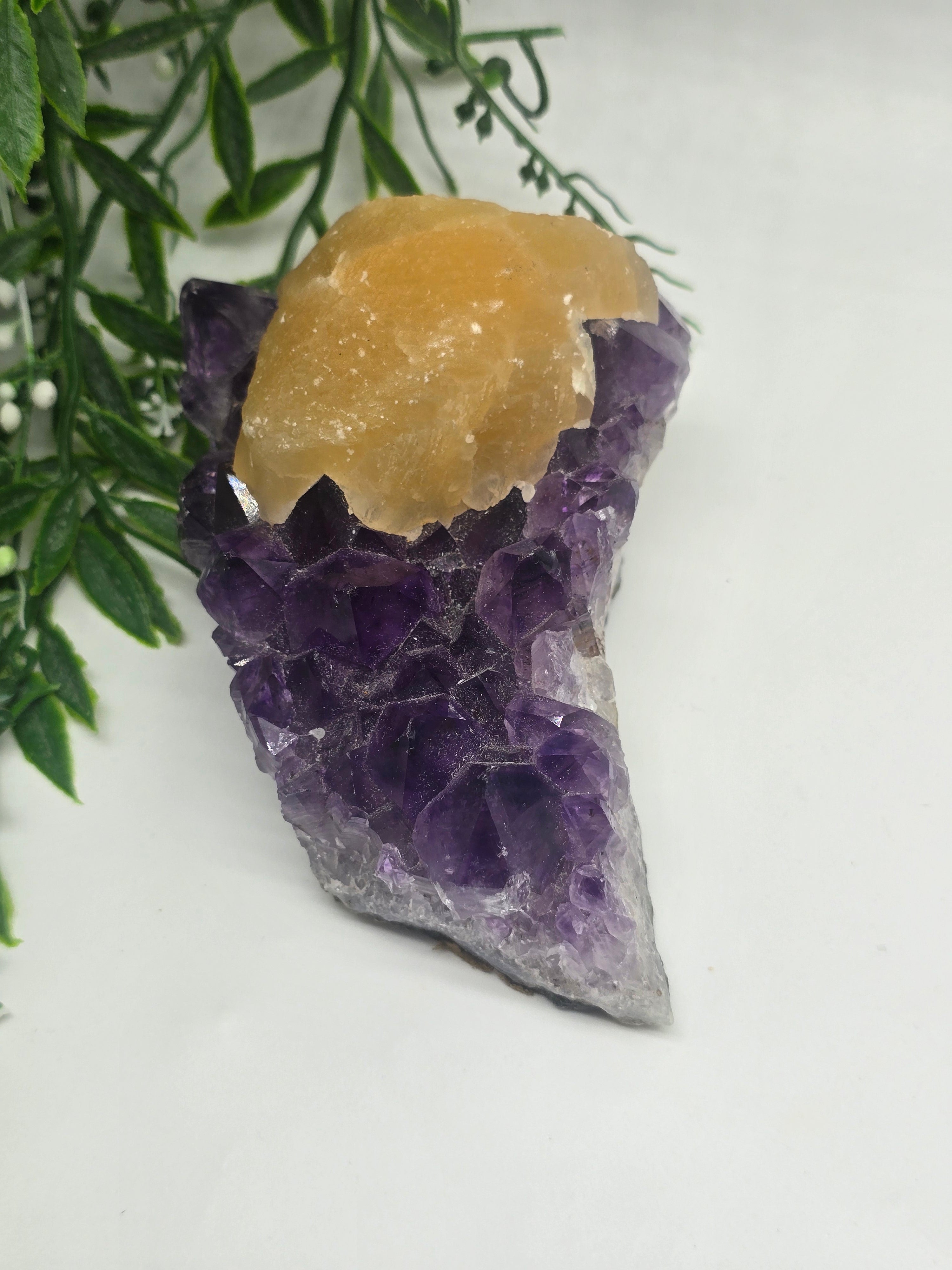 Yellow Calcite & Amethyst Crystal Fusion – Rare Collector’s Piece 13x8x6cm Crystal Wellness