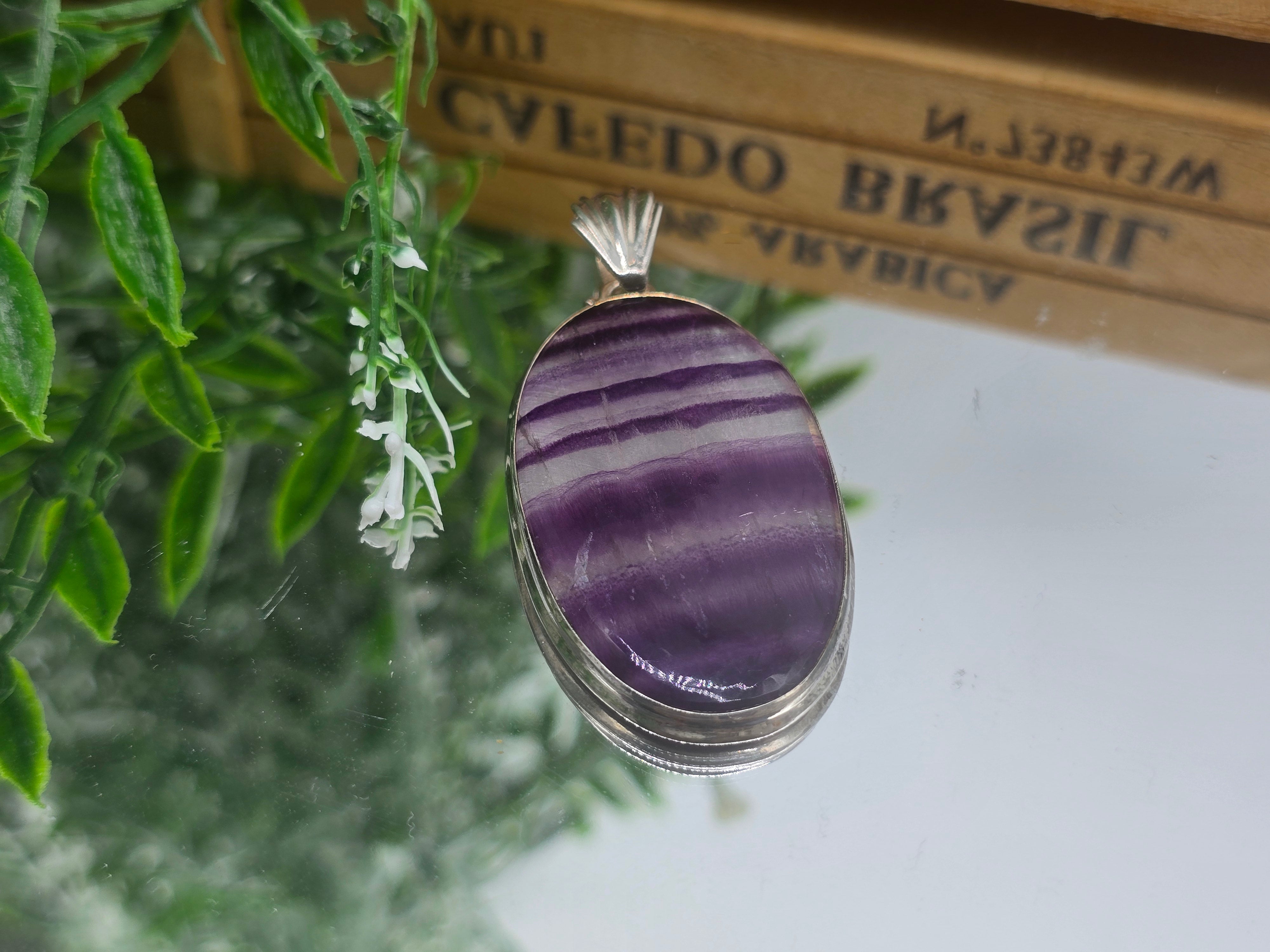 Fluorite 925 Sterling Silver Pendant – 48 × 30 mm | Stone of Focus, Clarity & Protection Crystal Wellness