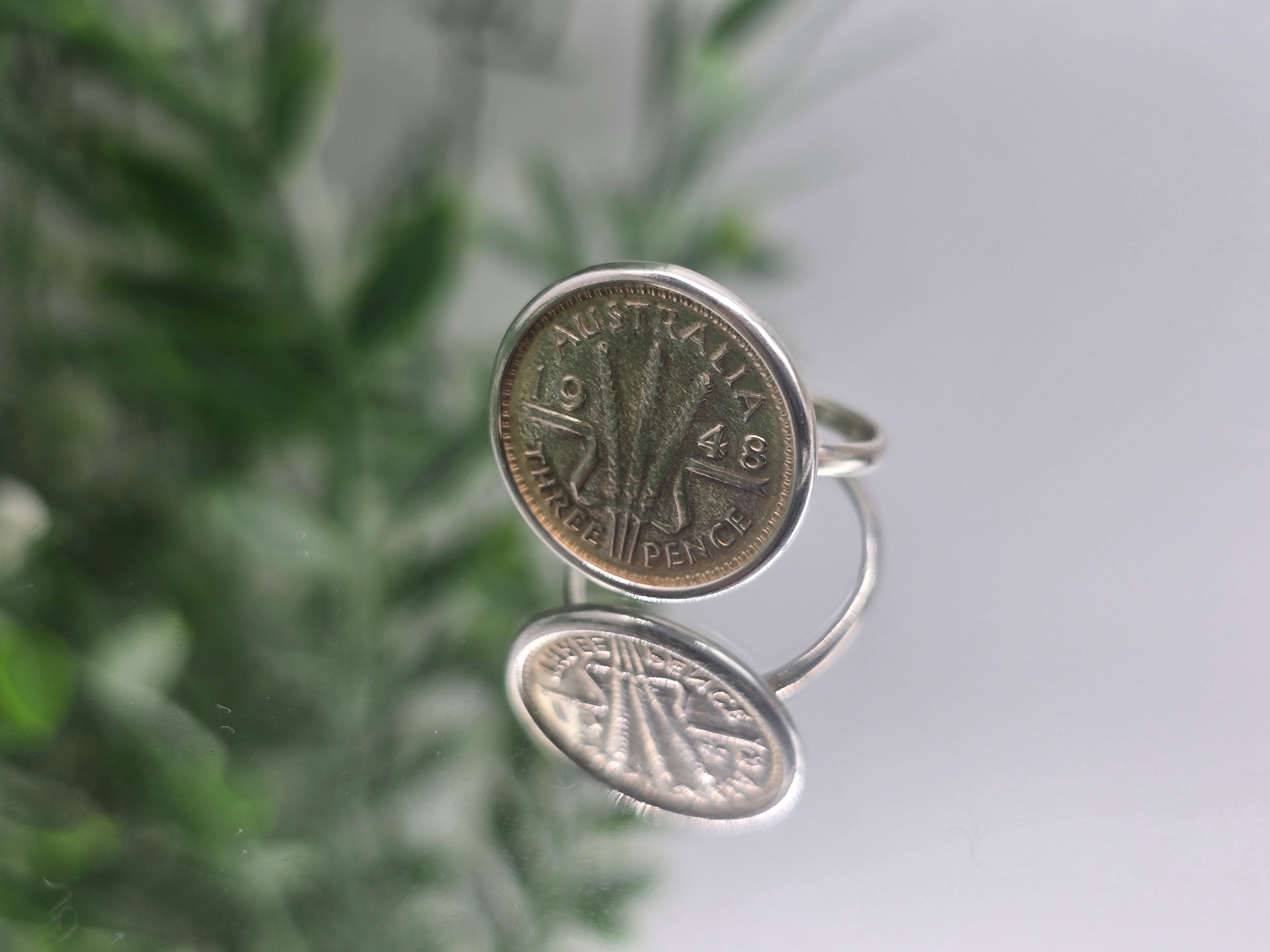 Australian Three Pence 1948 Silver Ring – Size 6 Crystal Wellness