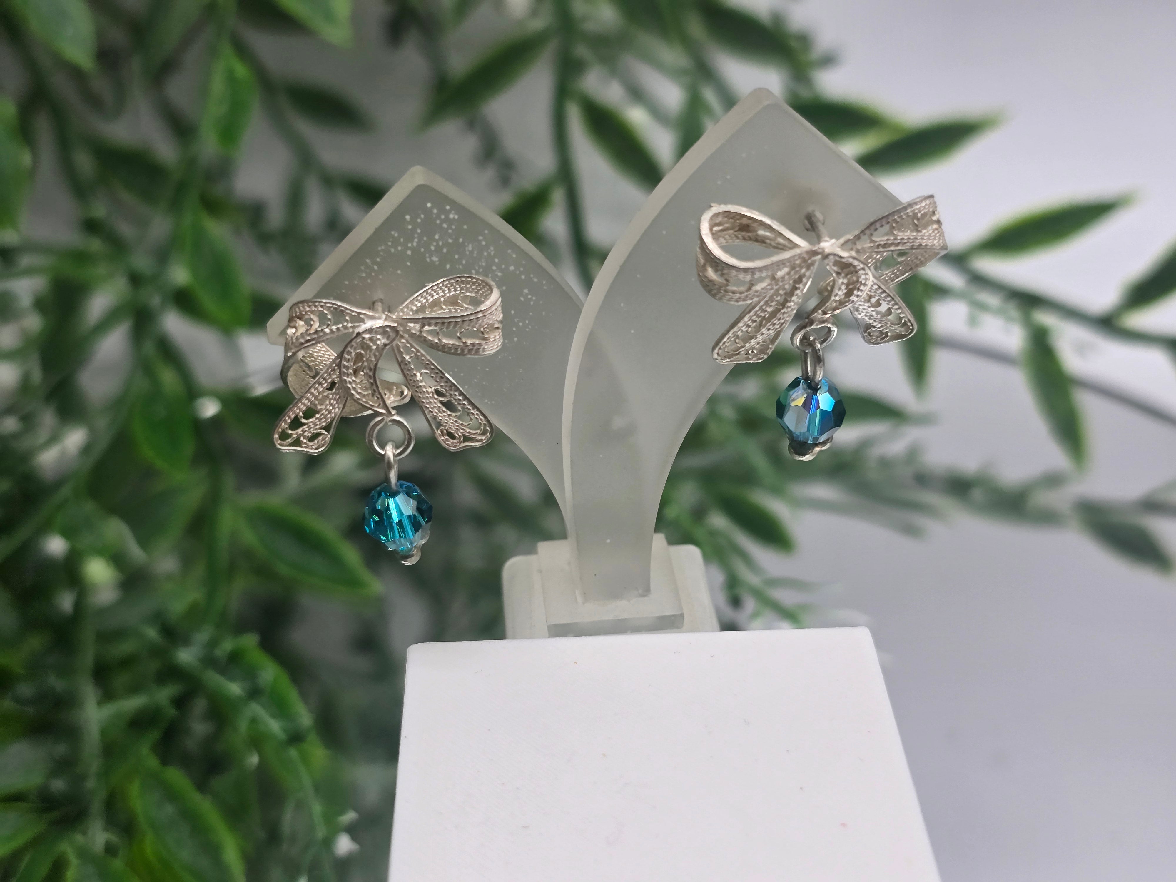 Blue Obsidian Bow Earrings – 925 Sterling Silver Crystal Wellness