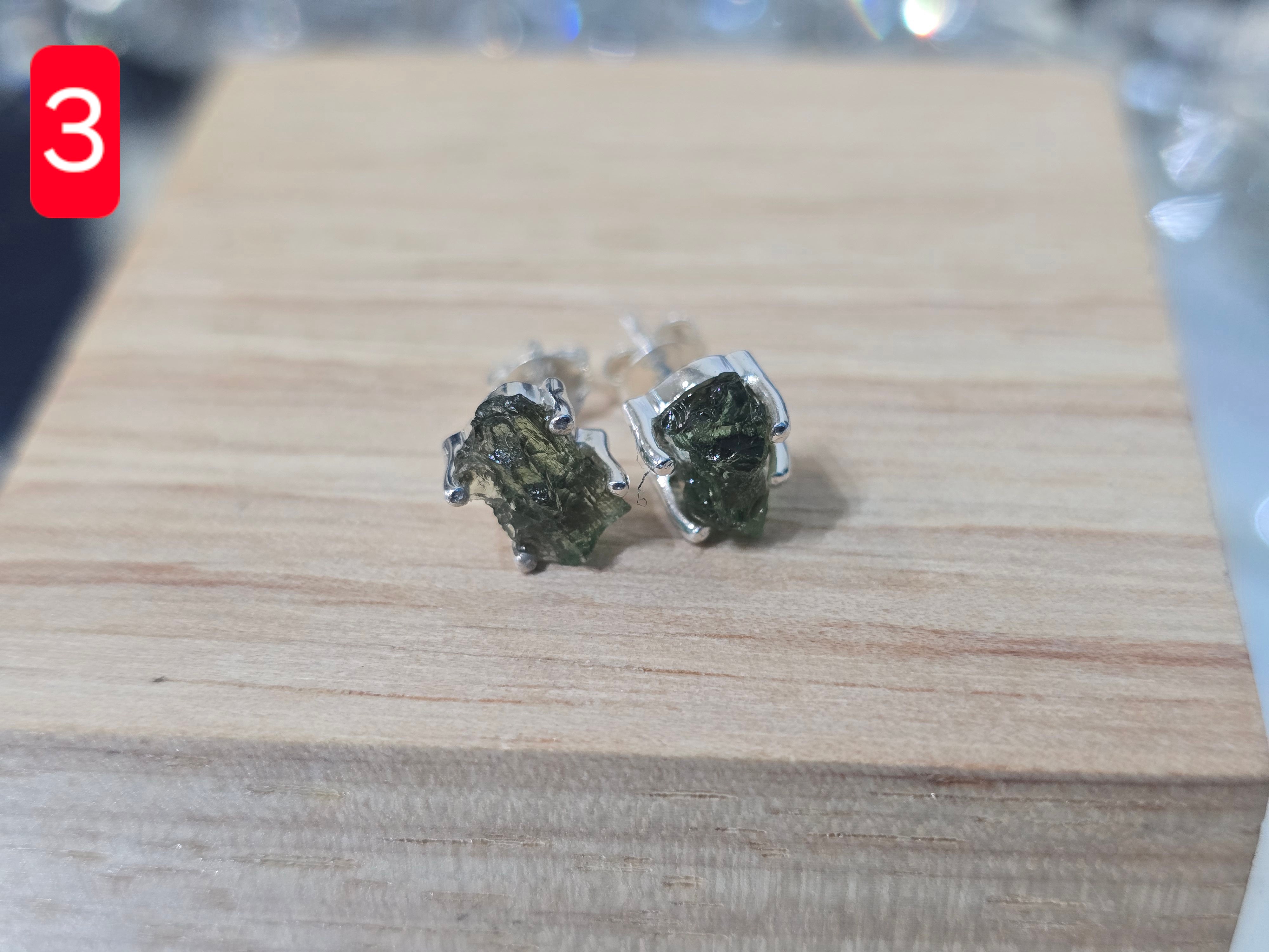Authentic Moldavite Raw Stud Earrings 925 Sterling Silver | Growth & Transformation Crystal Wellness