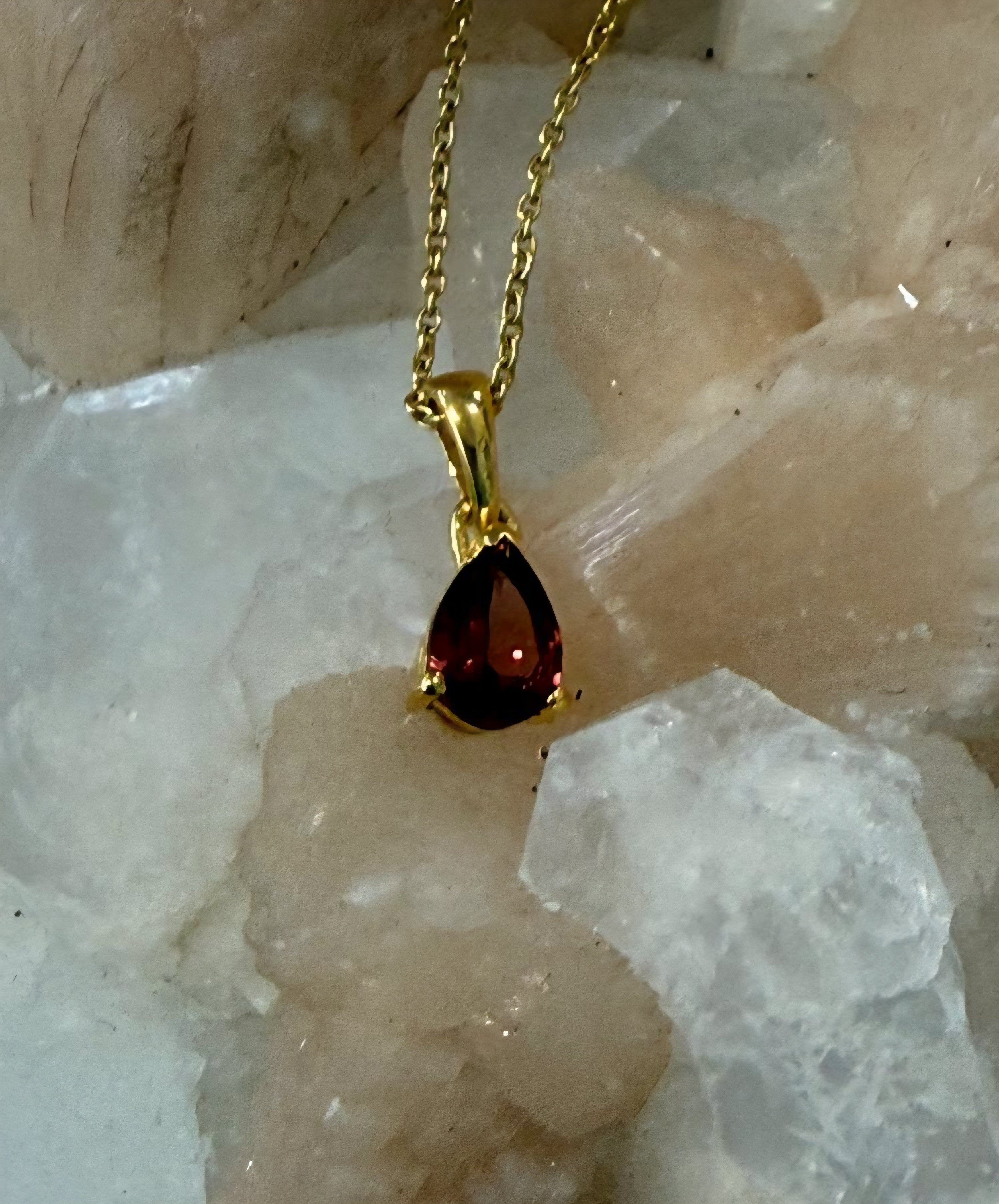 Ember of Passion – Garnet Teardrop Necklace in 18ct Gold Vermeil Crystal Wellness