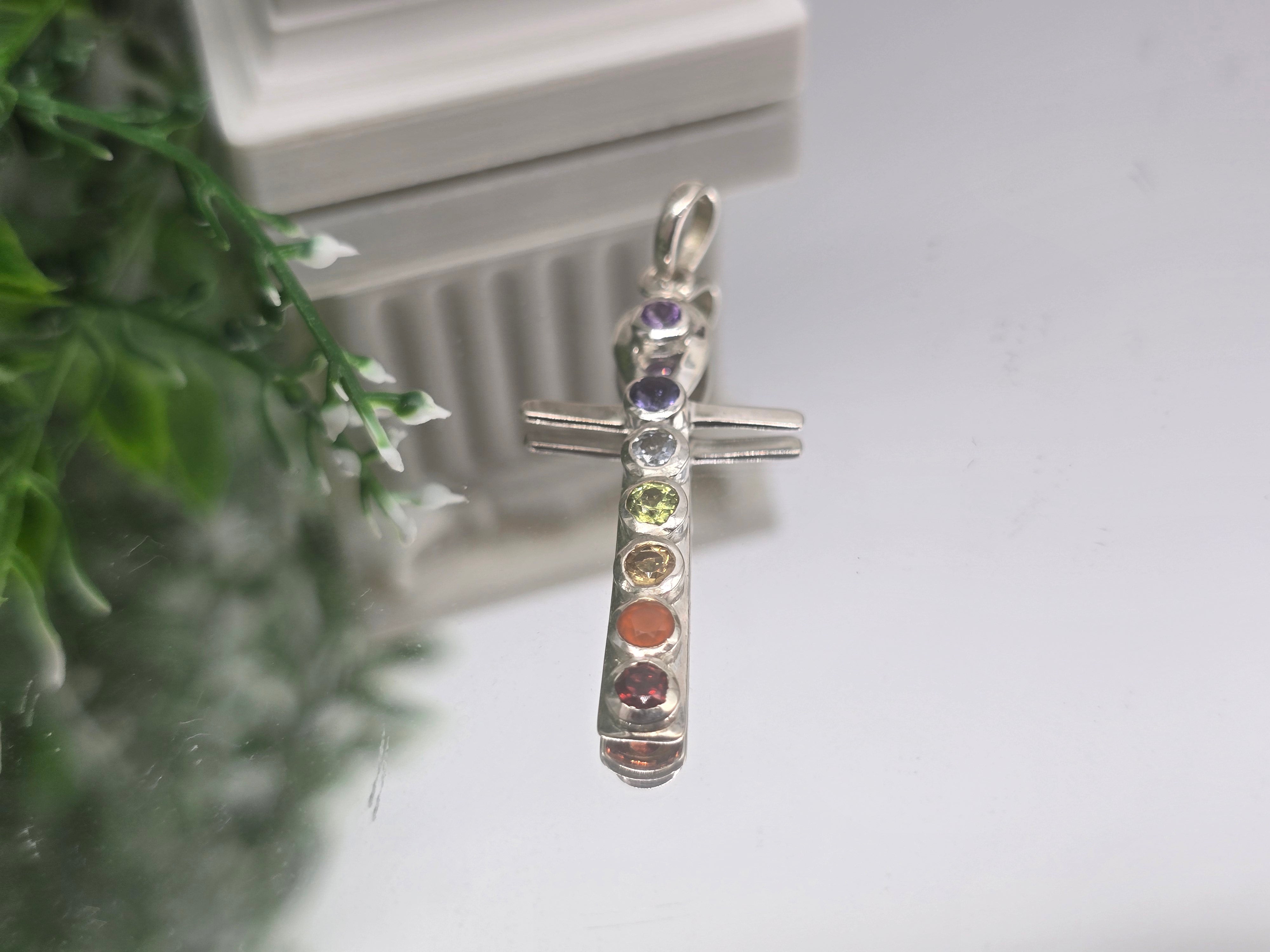 7 Chakras Ankh Cross 925 Sterling Silver Pendant – Energy Alignment • Balance • Spiritual Protection Crystal Wellness