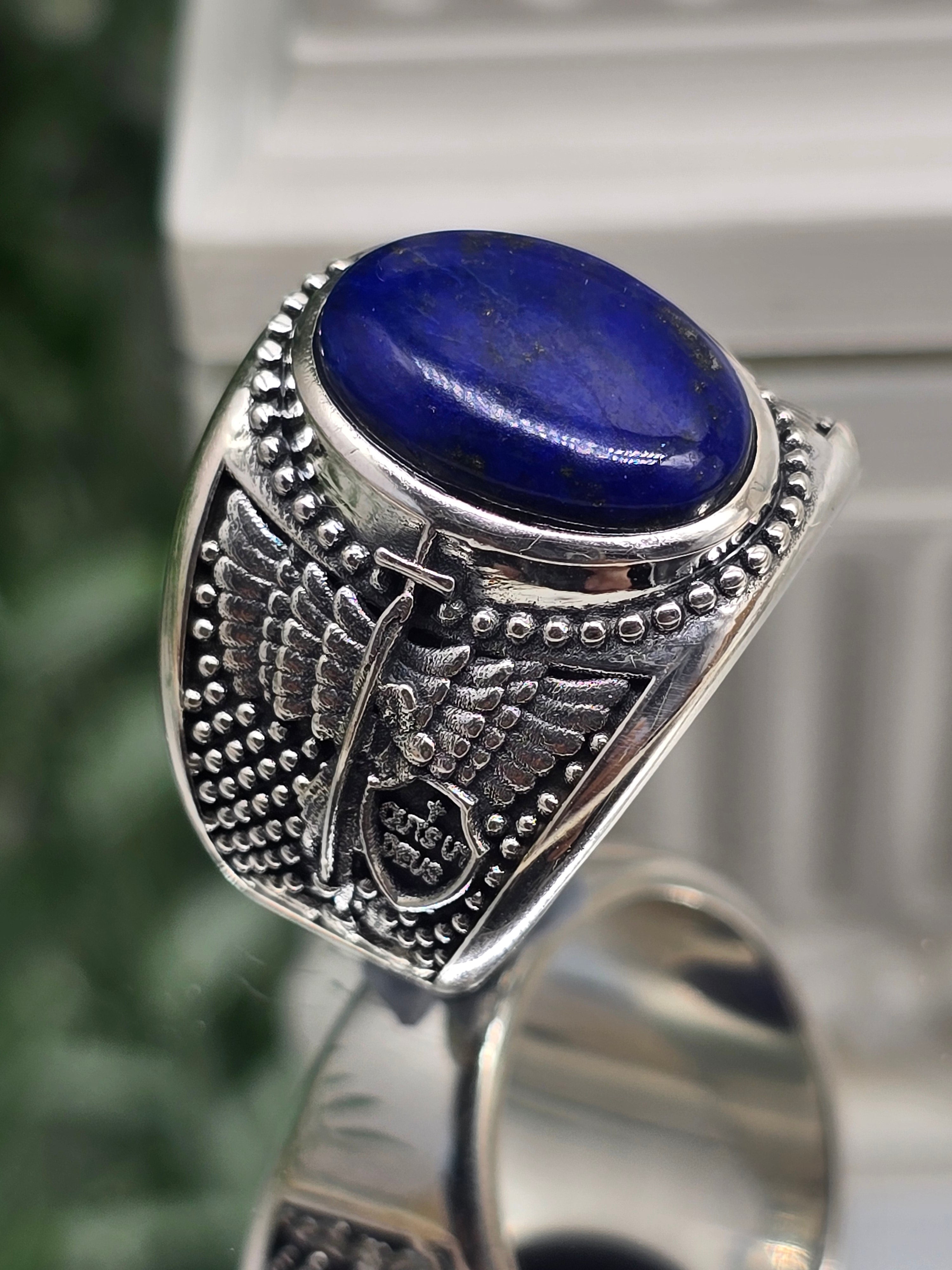 Luxury High-Grade Lapis Lazuli Archangel Michael Protection Ring – 925 Sterling Silver | Divine Shield, Truth & Spiritual Authority Crystal Wellness