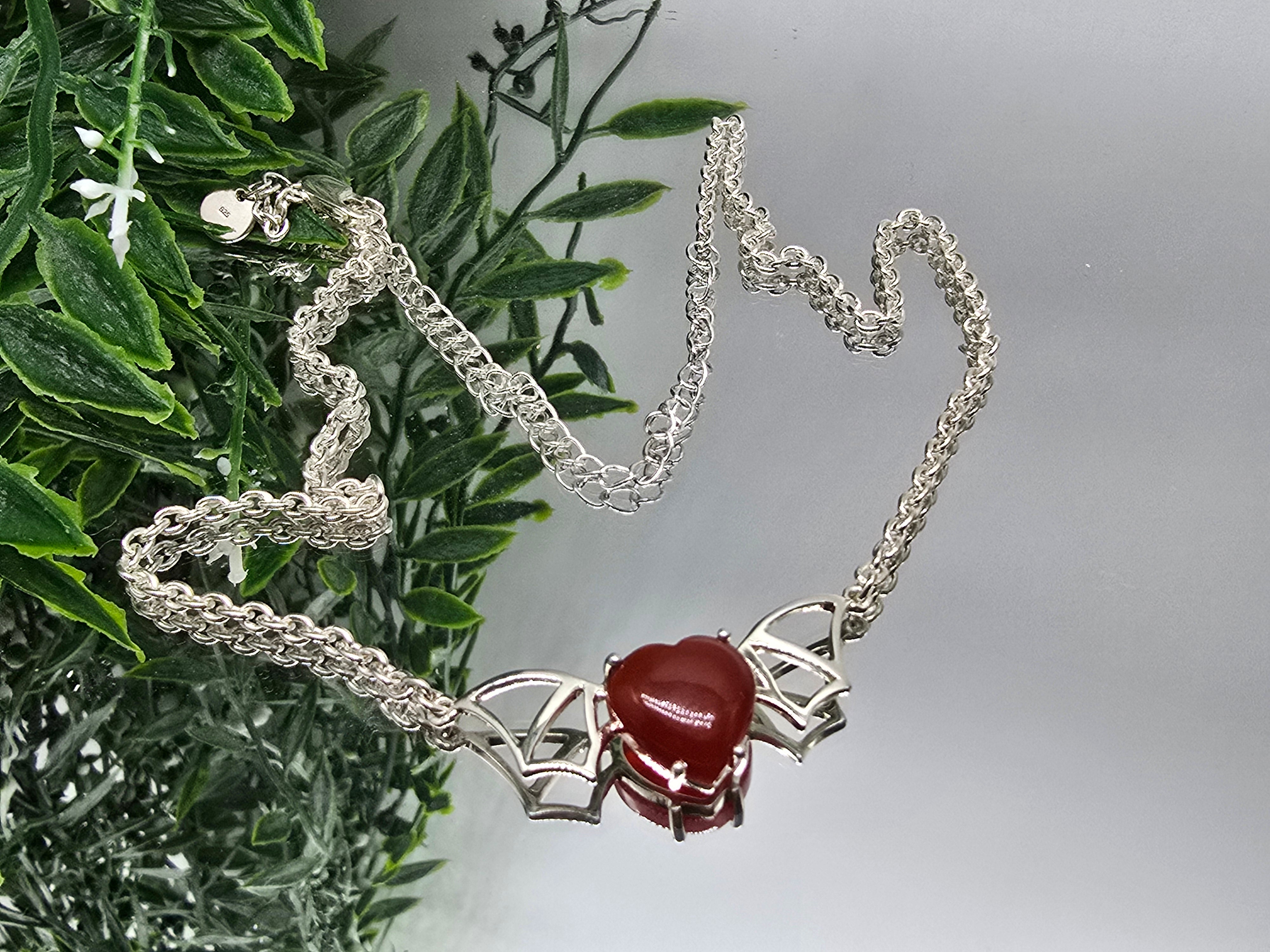 Carnelian Bat Heart Pendant with Chain (Stone of Vitality & Courage) Crystal Wellness