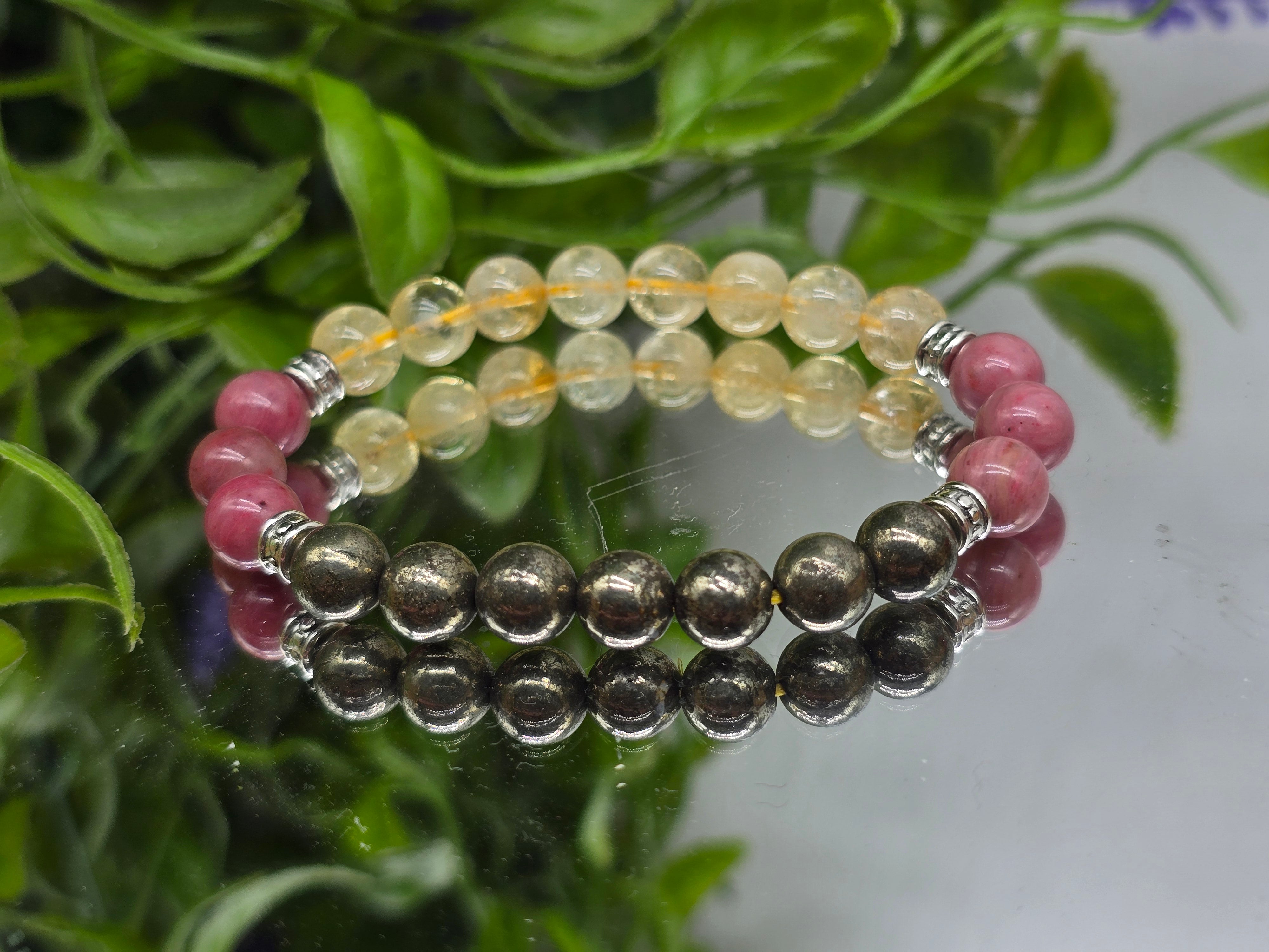Pyrite, Rhodonite & Citrine 8mm Beads Bracelet (Stone of Confident Abundance & Emotional Strength) Crystal Wellness