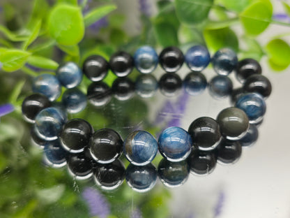 Blue Kyanite & Rainbow/Silver Sheen Obsidian 10mm Beads Bracelet- Spiritual Alignment, Protection, Intuition & Inner Strength. Crystal Wellness