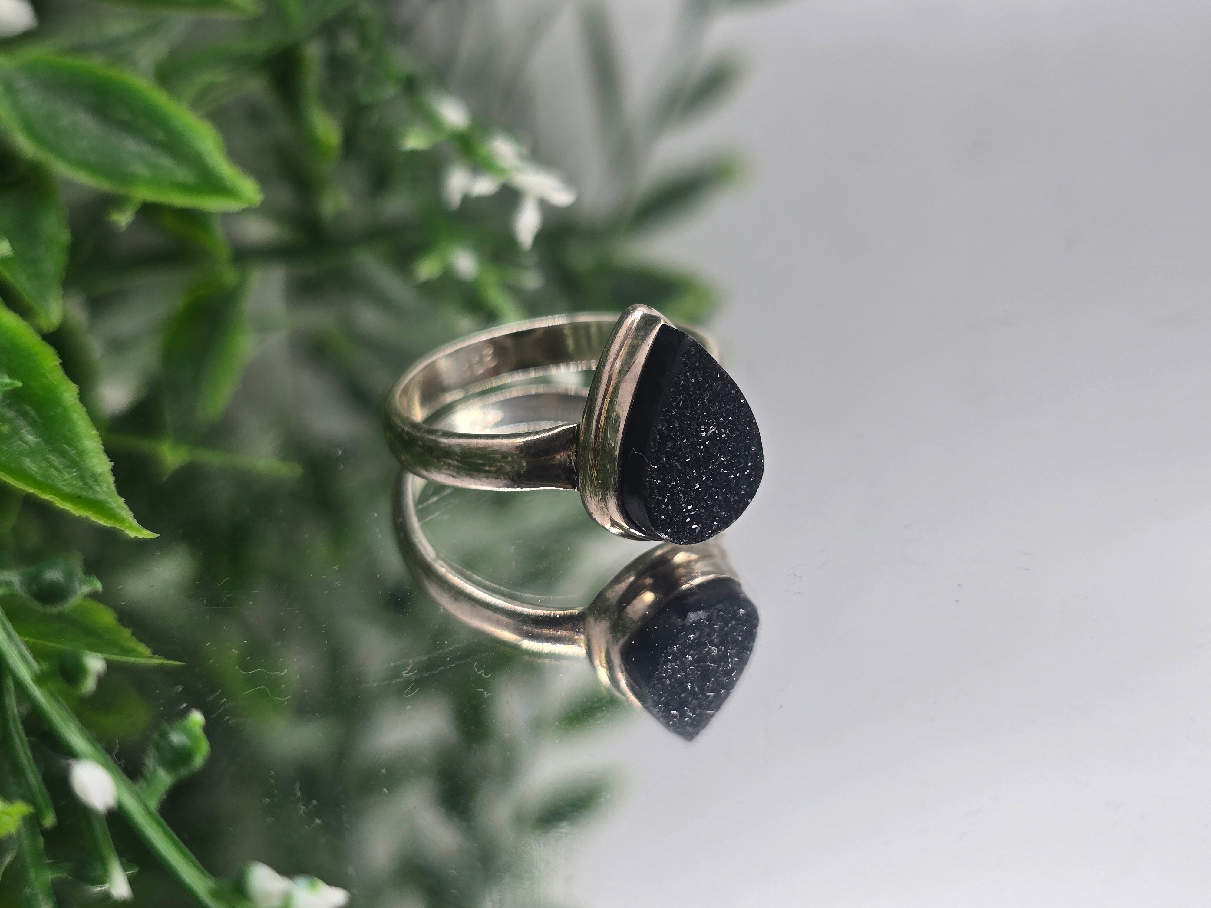 Black Onyx Druzy 925 Silver Ring Size 10 – Strength, Grounding & Protection Crystal Wellness