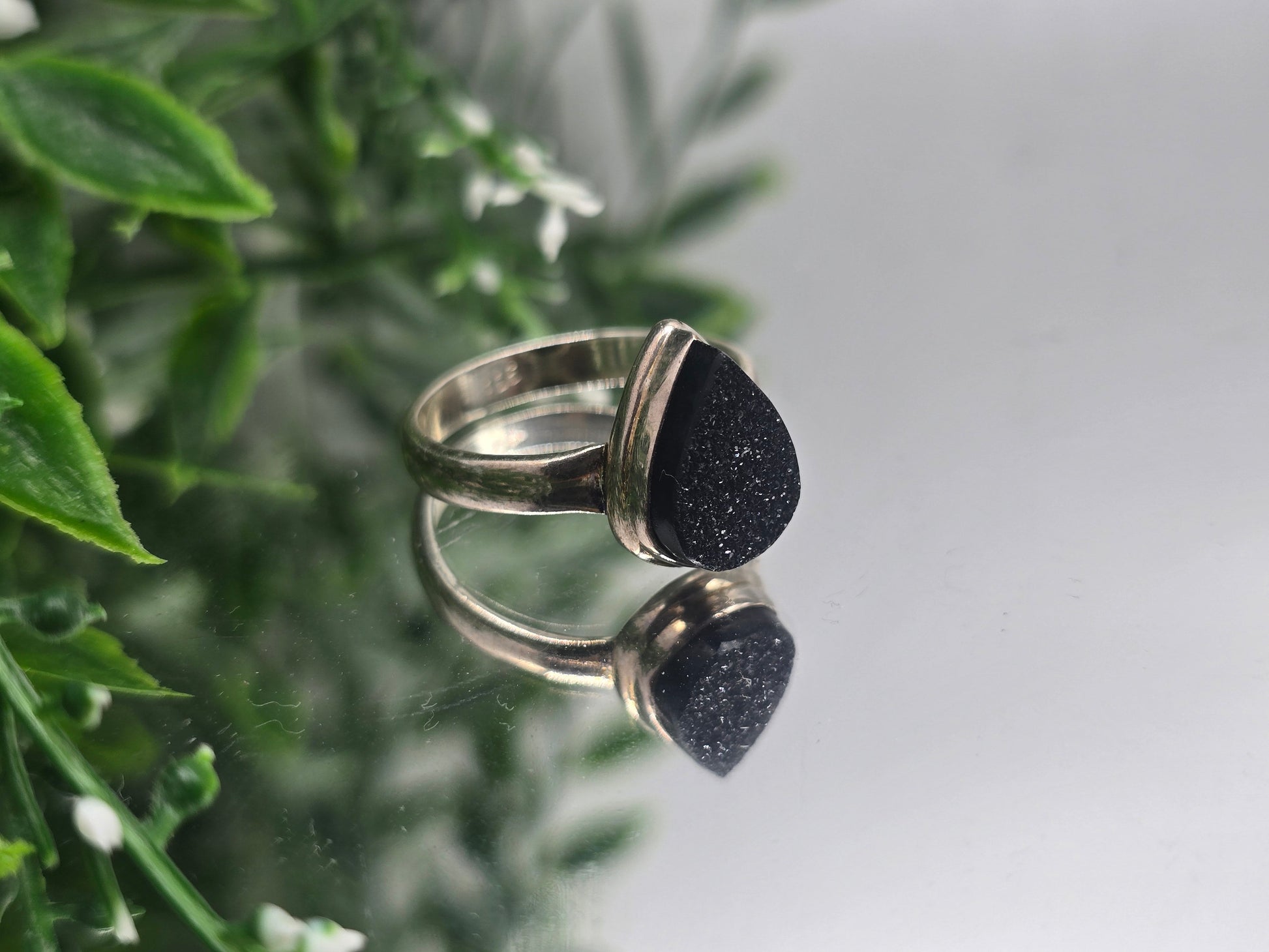 Black Onyx Druzy 925 Silver Ring Size 10 – Strength, Grounding & Protection Crystal Wellness