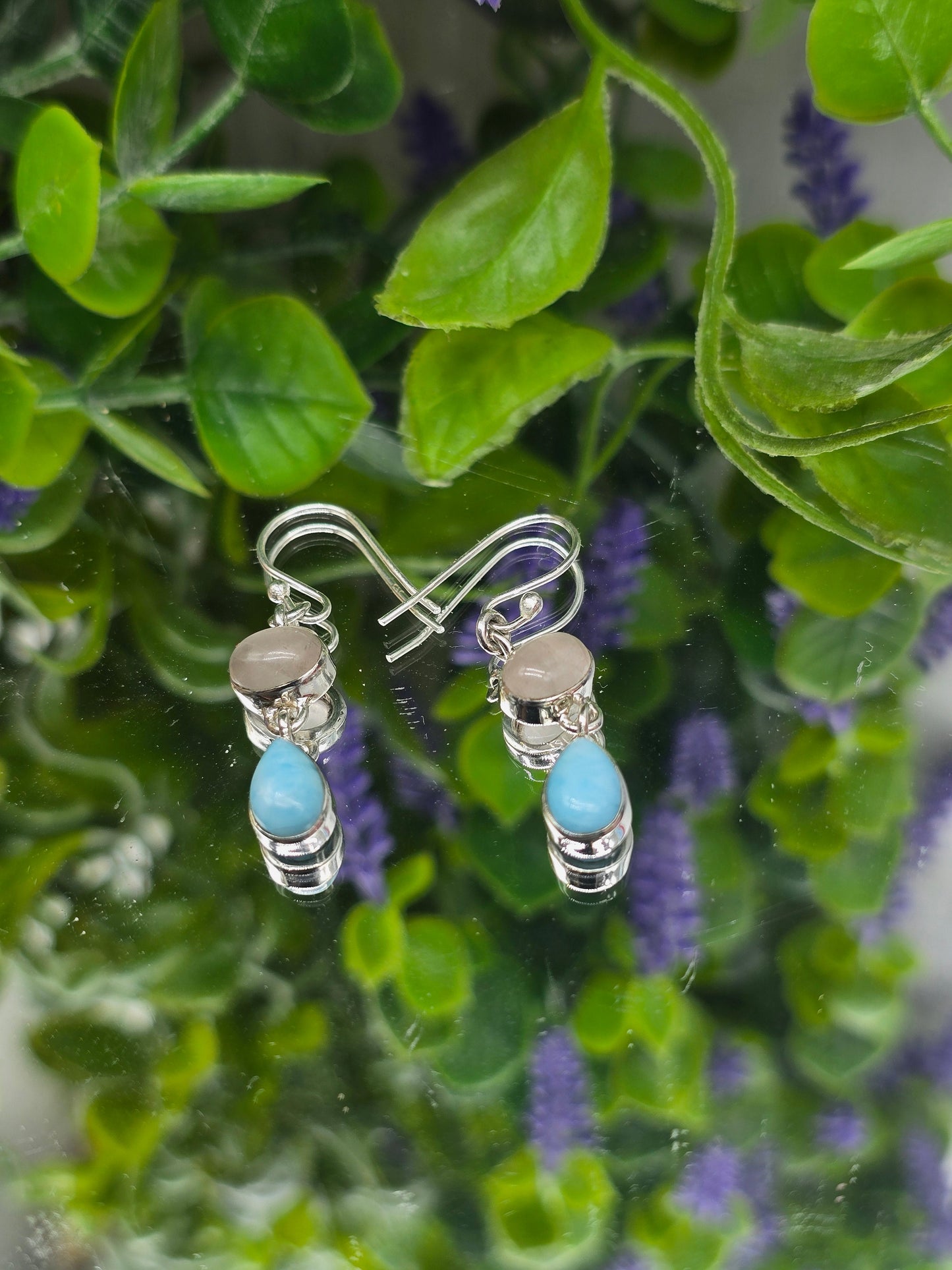Premium Larimar & Rose Quartz 925 Sterling Silver Drop Earrings | Love, Emotional Healing & Inner Peace Crystal Wellness