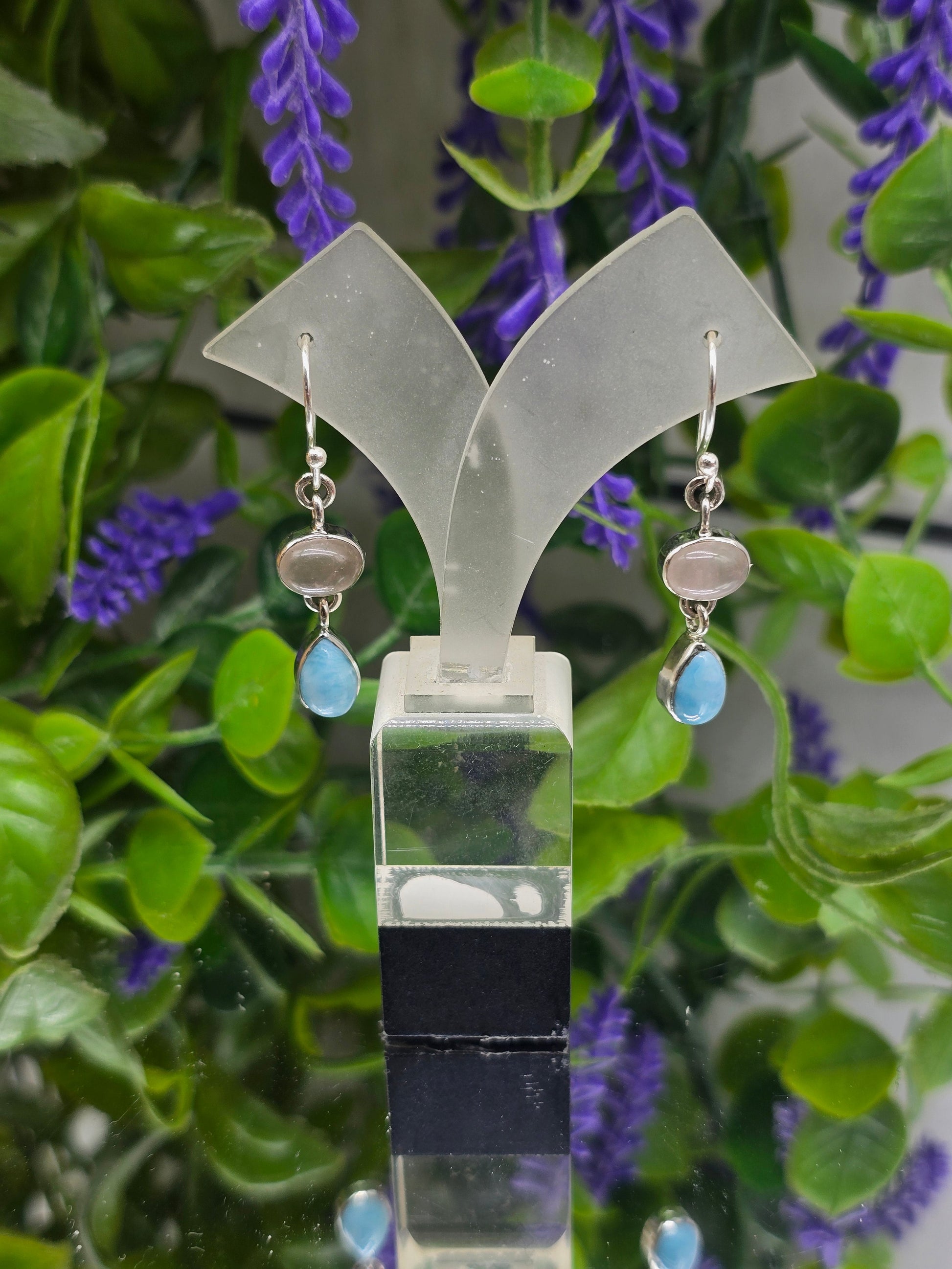 Premium Larimar & Rose Quartz 925 Sterling Silver Drop Earrings | Love, Emotional Healing & Inner Peace Crystal Wellness