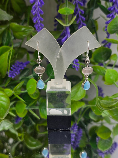 Premium Larimar & Rose Quartz 925 Sterling Silver Drop Earrings | Love, Emotional Healing & Inner Peace Crystal Wellness