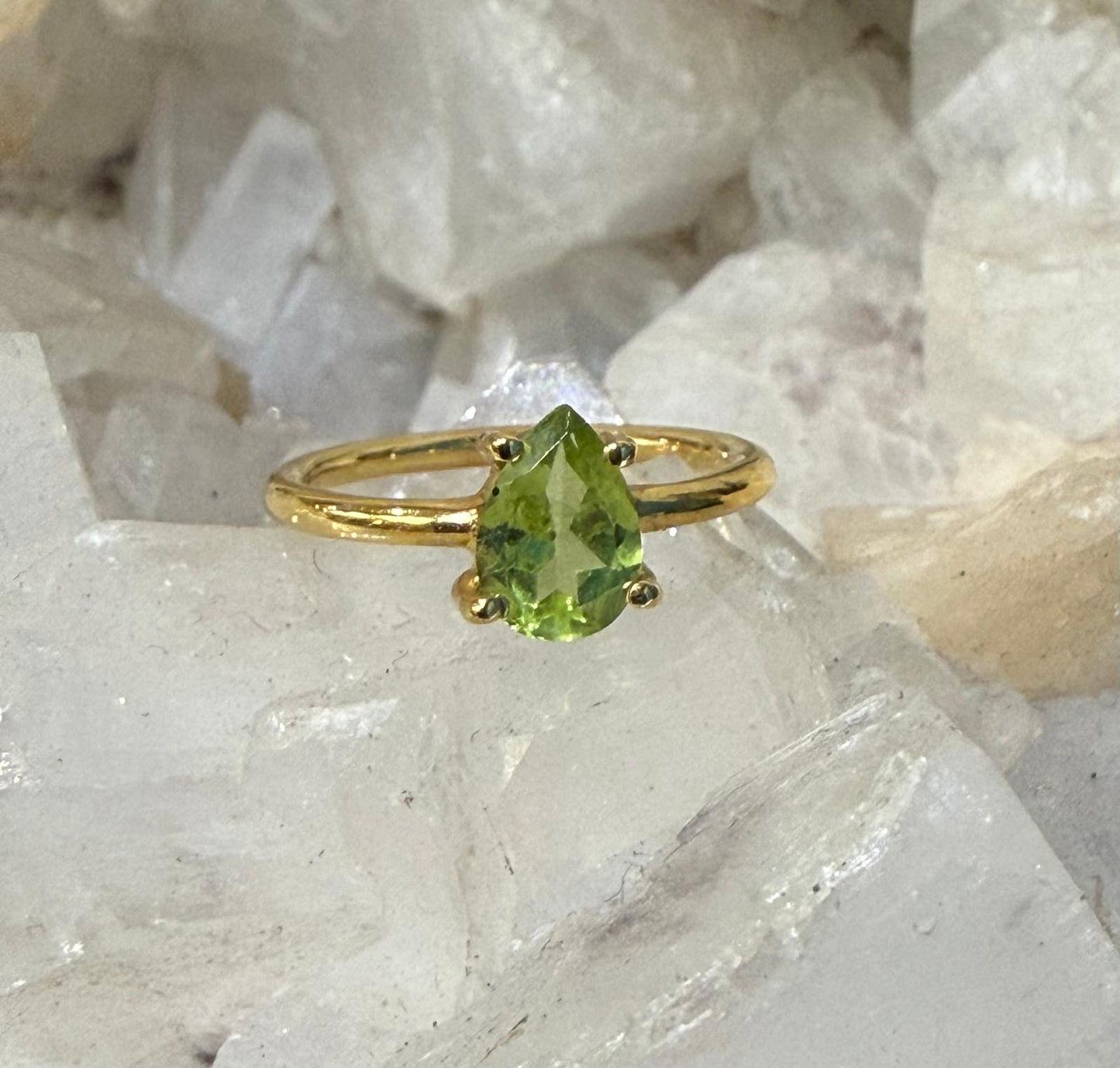 Luxury Natural Peridot Teardrop Ring in 18ct Gold Vermeil – Abundance & Heart Healing Crystal Jewellery (Size 3) Crystal Wellness