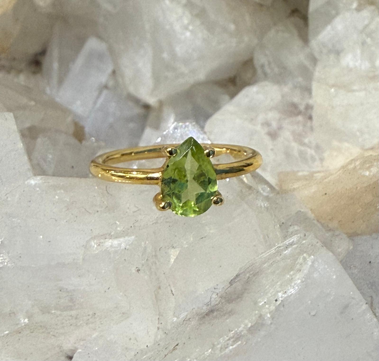 Luxury Natural Peridot Teardrop Ring in 18ct Gold Vermeil – Abundance & Heart Healing Crystal Jewellery (Size 3) Crystal Wellness