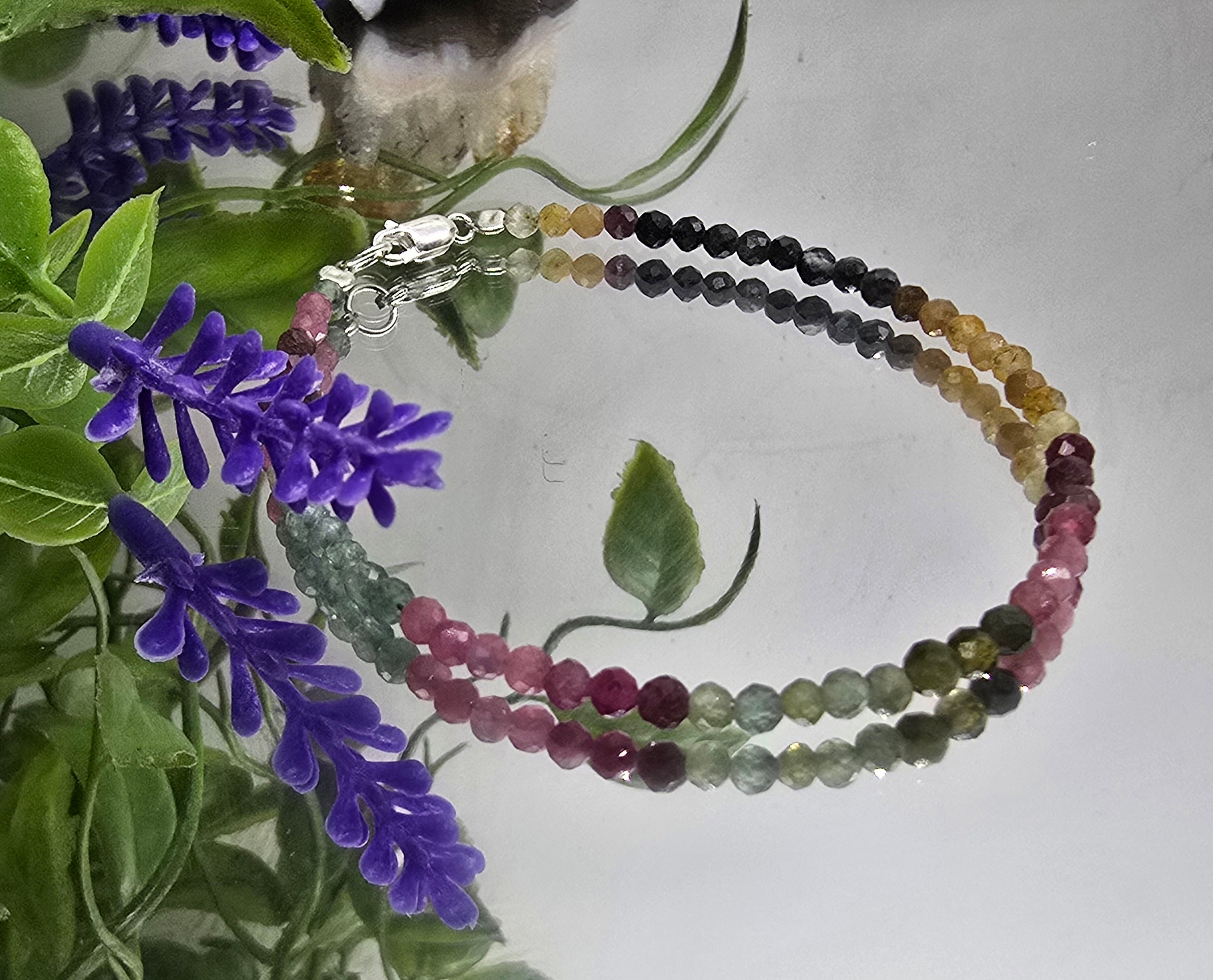 🌈 Watermelon & Multicolour Tourmaline 3mm 925 Sterling Silver Bracelet – Emotional Balance, Protection & Joy Crystal Wellness