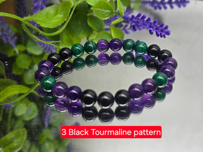 Amethyst, Malachite & Black Tourmaline Bracelet – AAA Grade 8mm (Stone of Protection, Transformation & Spiritual Clarity) Crystal Wellness