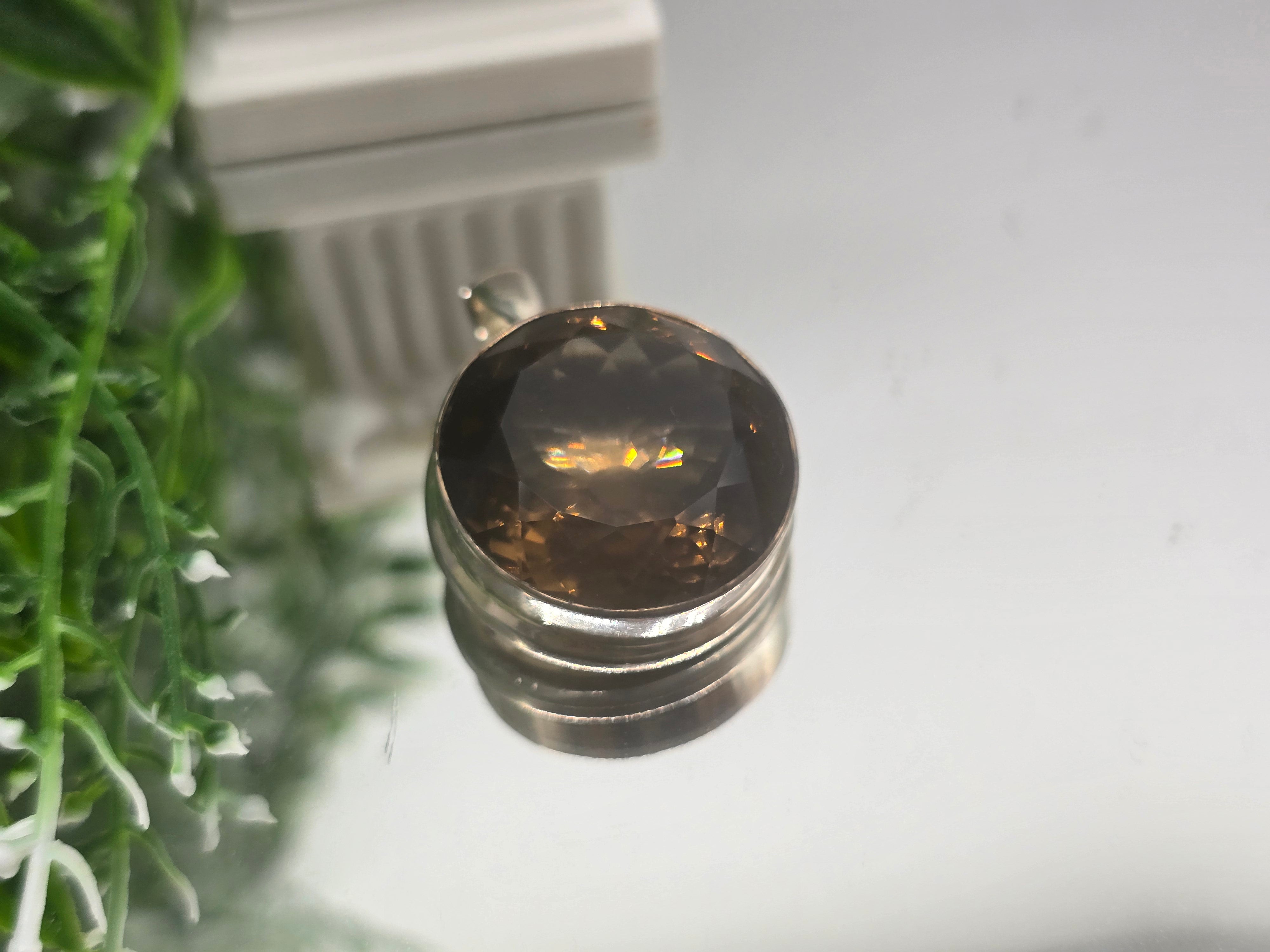 ✨ Smoky Quartz Round-Cut 925 Sterling Silver Pendant – 2.5 cm | Stone of Grounding, Power & Protection *Chain Included) Crystal Wellness