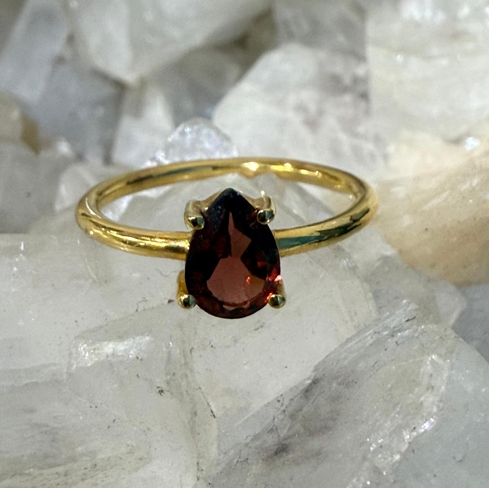 18ct Gold Vermeil Garnet Tear Drop Ring (Stone of Passion & Vitality) Crystal Wellness