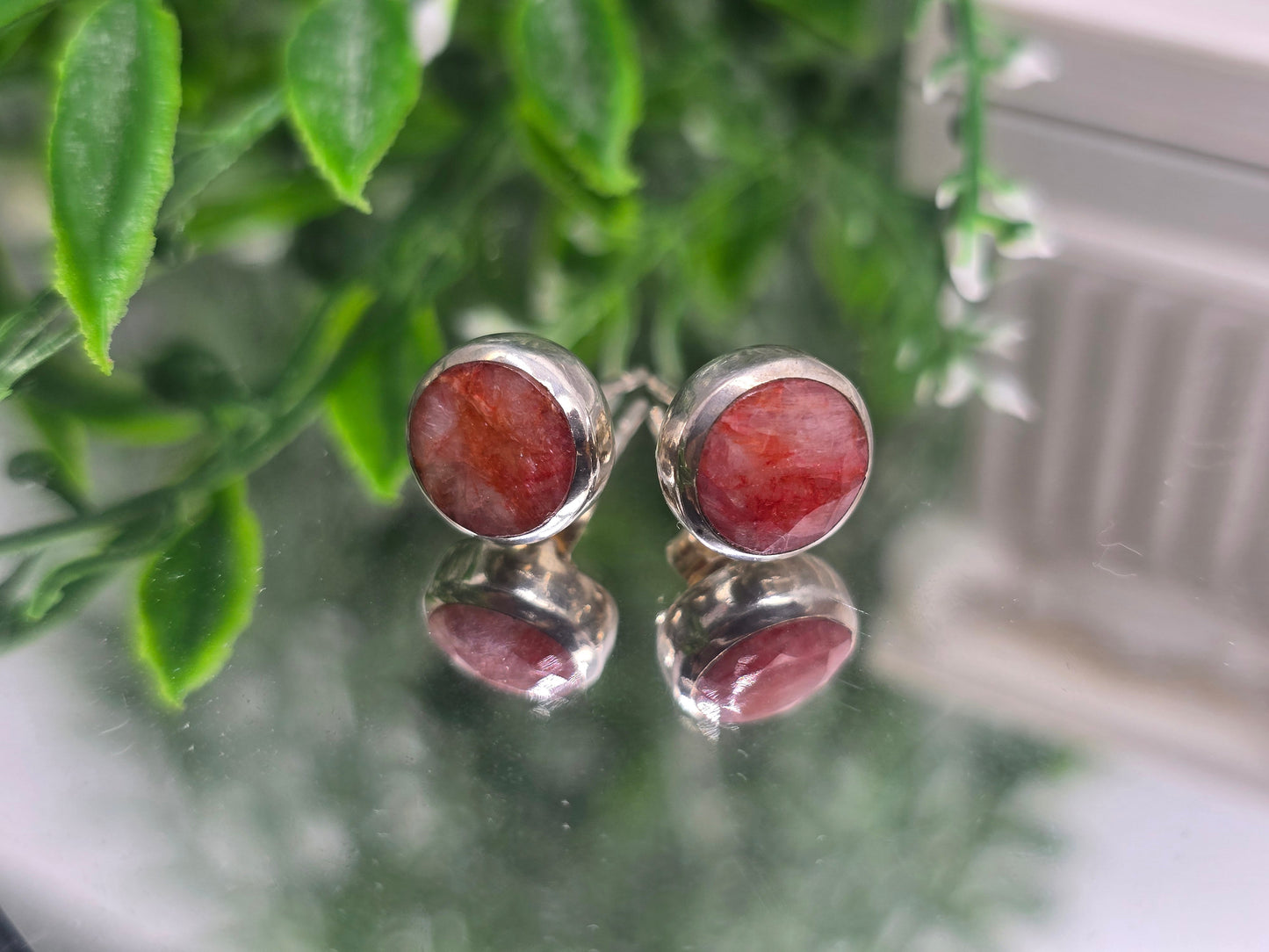 Strawberry Obsidian Round 9x9mm 925 Sterling Silver Studs (Stone of Heart-Centred Joy) Crystal Wellness