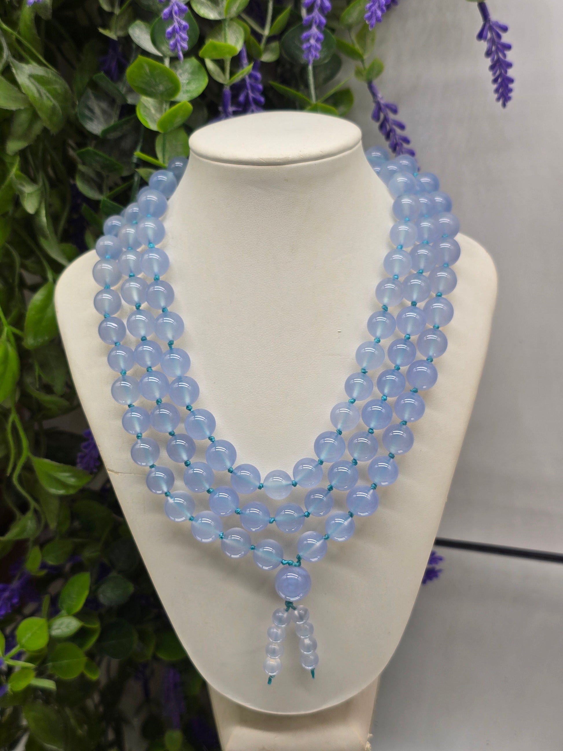AAA+ Premium Grade Blue Chalcedony 108 Mala Beads 10mm – Stone of Peace & Divine Communication Crystal Wellness
