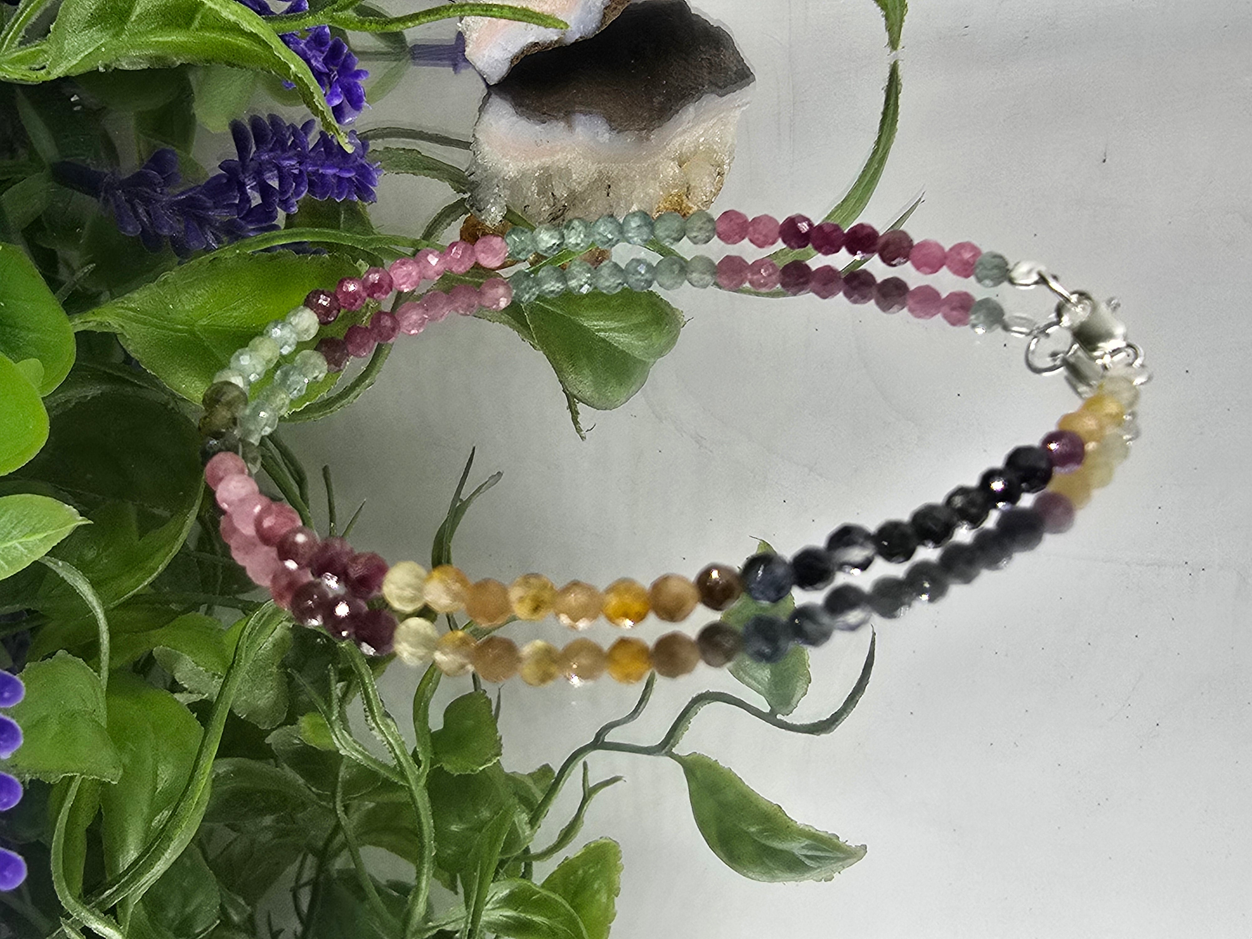 🌈 Watermelon & Multicolour Tourmaline 3mm 925 Sterling Silver Bracelet – Emotional Balance, Protection & Joy Crystal Wellness