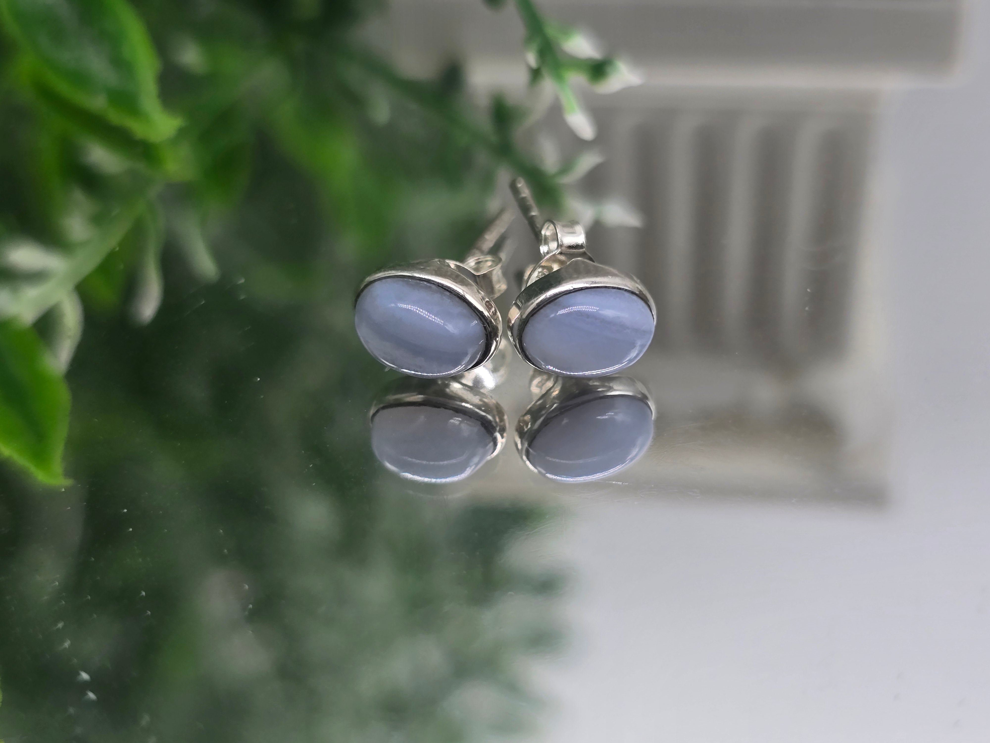 Blue Lace Agate 925 Sterling Silver Studs – 8x5mm Oval Cut Crystal Wellness