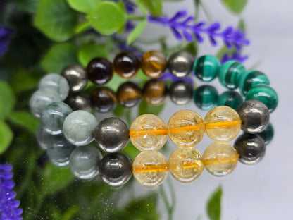 “Wealth & Power Alignment Bracelet – 10mm Imperial Jade, Malachite, Tiger’s Eye, Citrine & Pyrite” Crystal Wellness