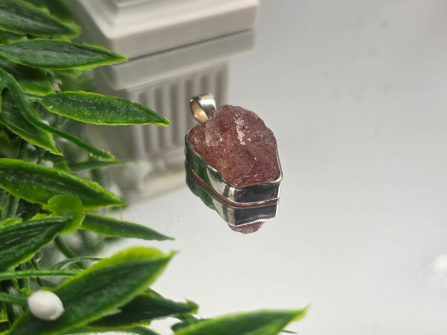 Raw Strawberry Quartz Pendant – 925 Sterling Silver Crystal Wellness