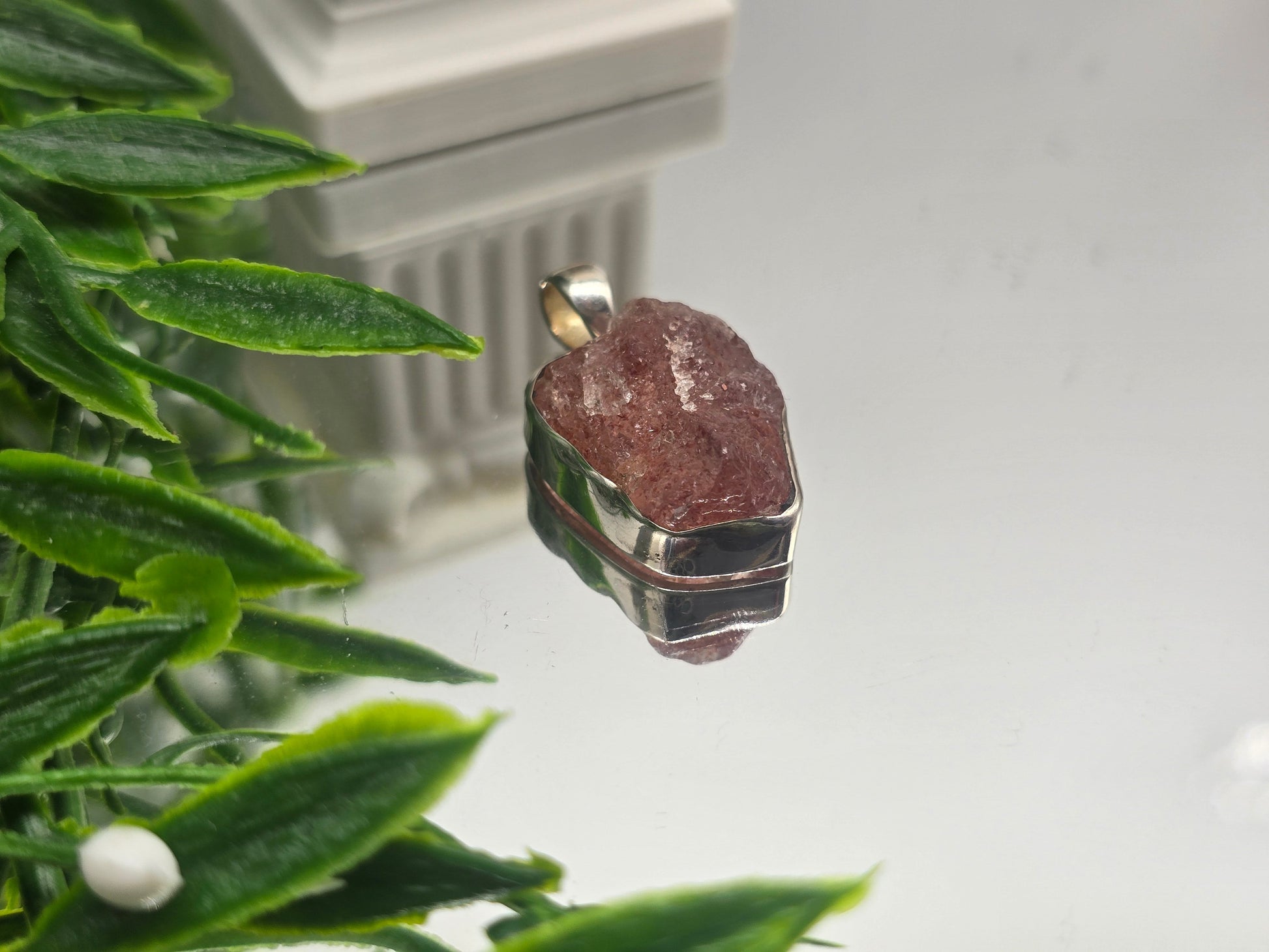 Raw Strawberry Quartz Pendant – 925 Sterling Silver Crystal Wellness