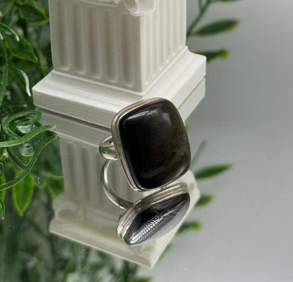 Gold Sheen Obsidian Manifestation Ring – 925 Silver (Size 6) Crystal Wellness