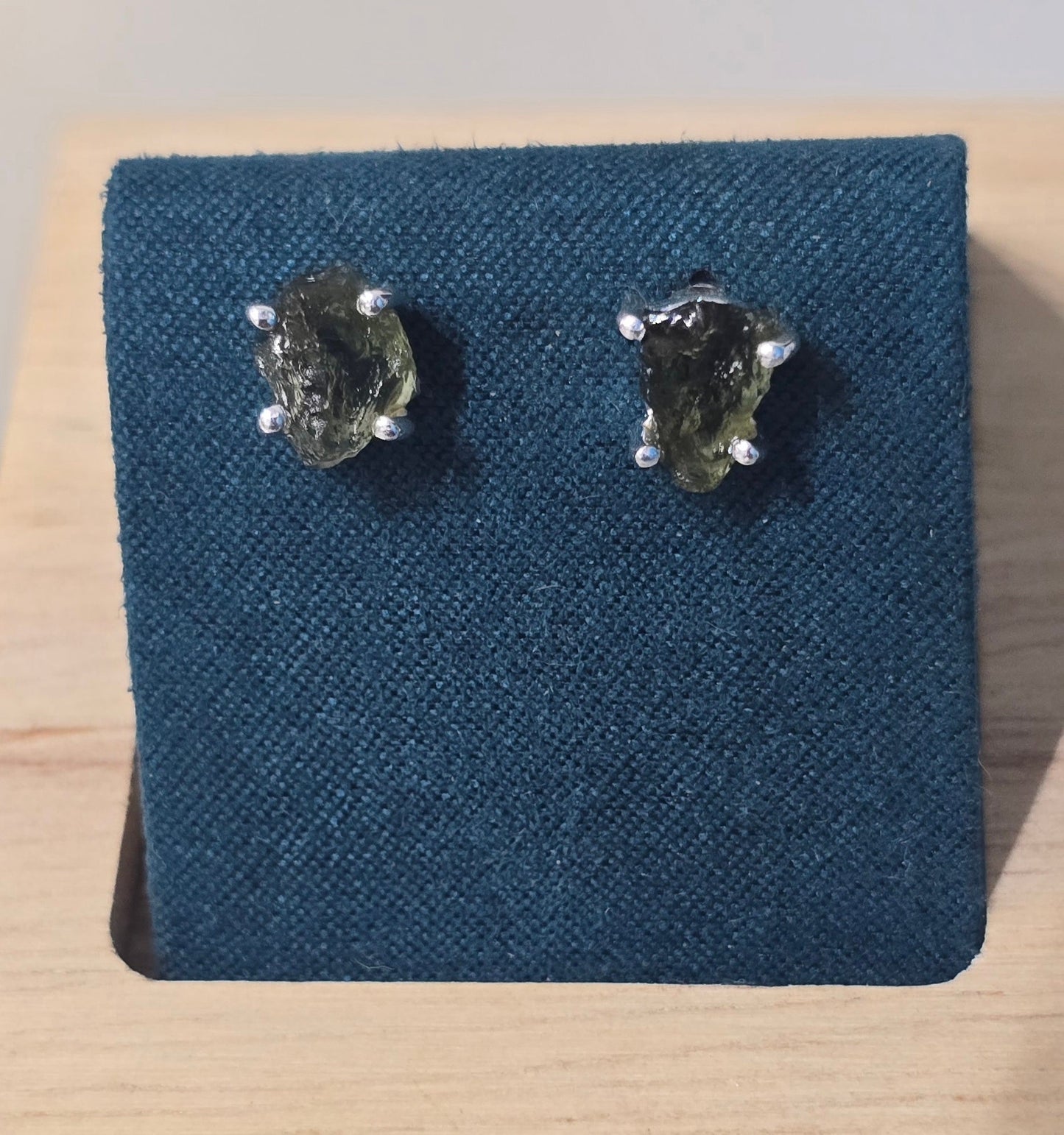 Authentic Moldavite Raw Stud Earrings — 925 Sterling Silver Crystal Wellness
