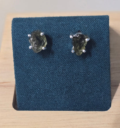 Authentic Moldavite Raw Stud Earrings — 925 Sterling Silver Crystal Wellness