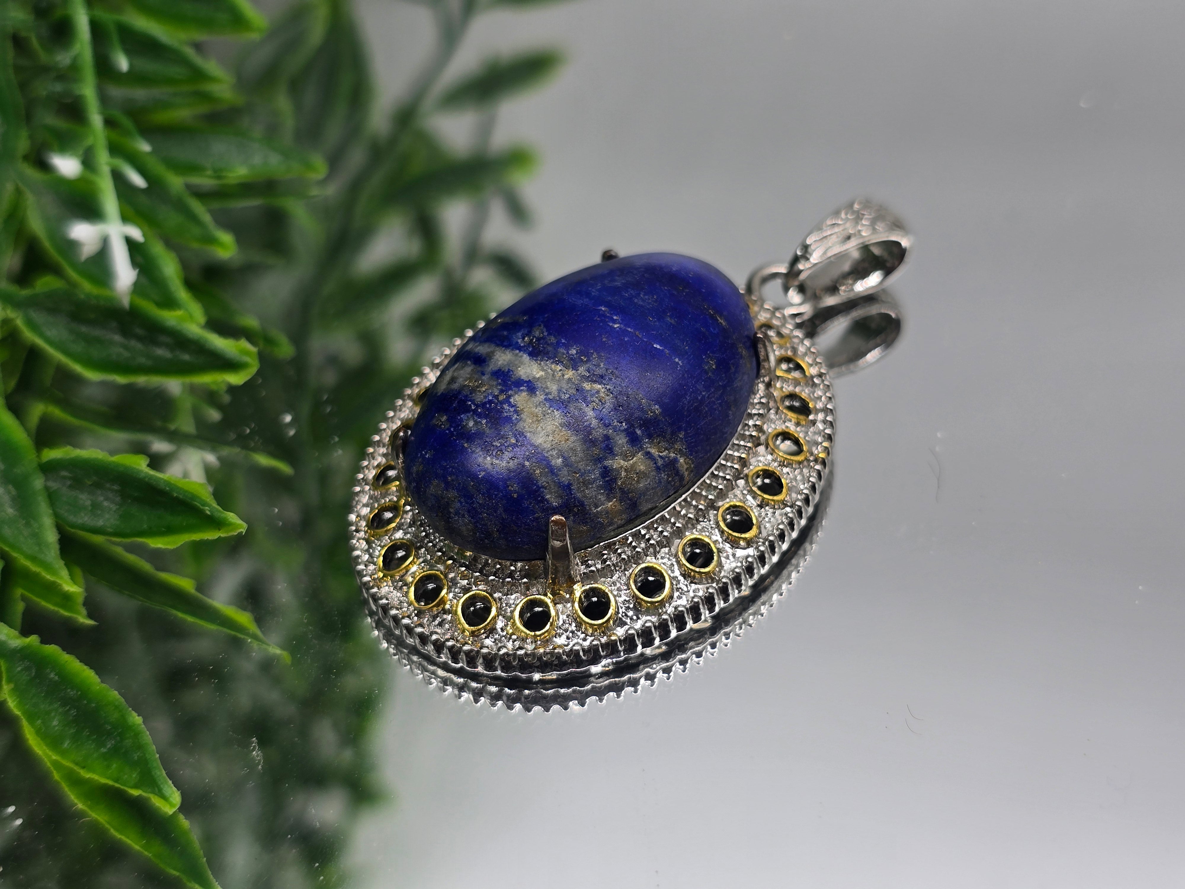 Lapis Lazuli Halo Pendant in Silver Plated 50x40mm (Stone of Wisdom & Truth) Crystal Wellness