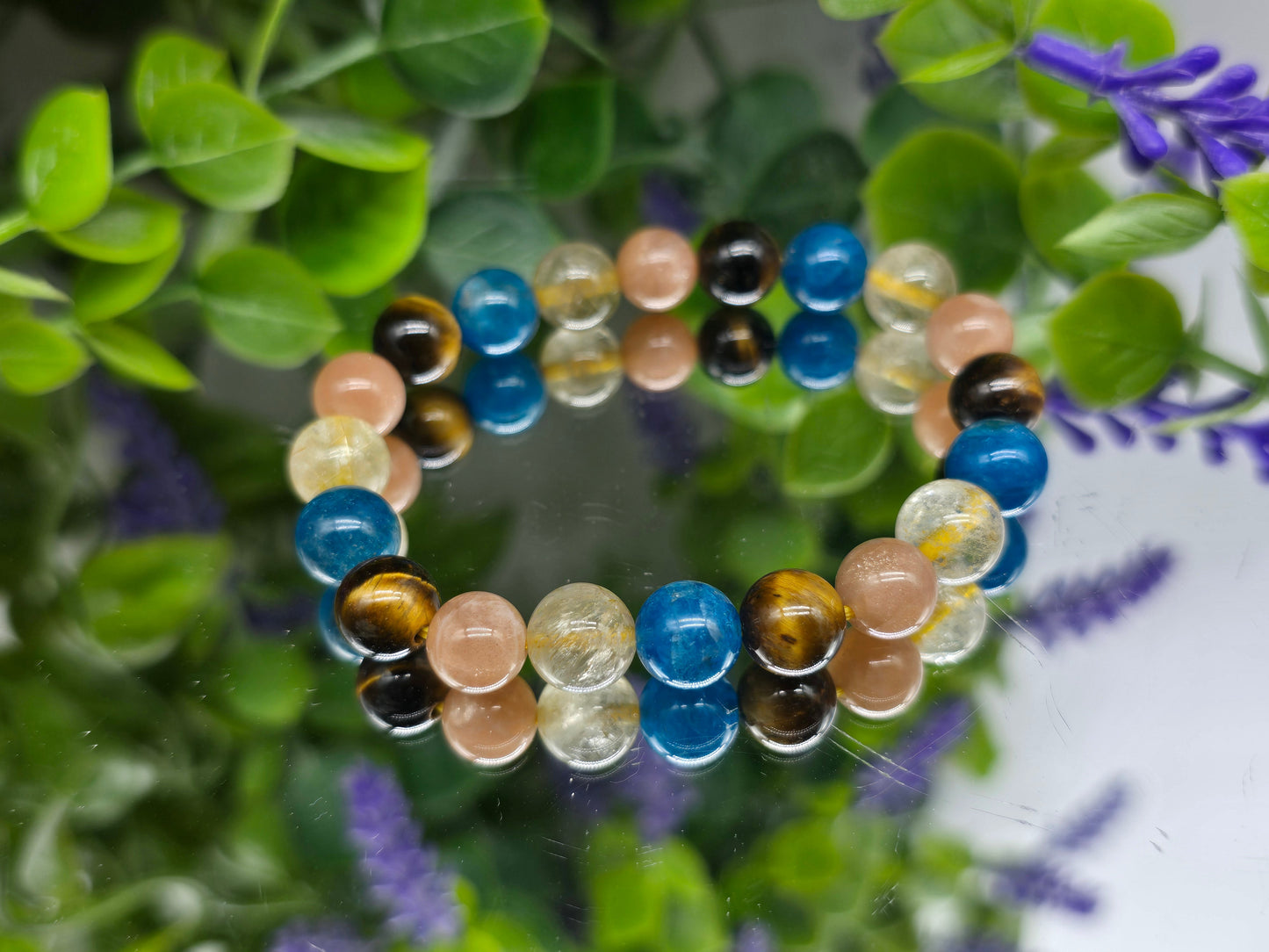 Gold Tiger Eye, Blue Apatite, Sunstone & Golden Rutilated Quartz Bracelet 8mm (Stone of Inspired Success & Confident Manifestation) Crystal Wellness