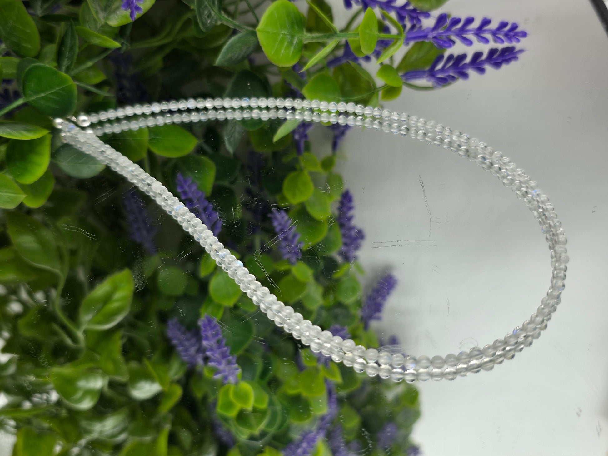 Natural Premium Grade Moonstone 3mm Beads 925 Sterling Silver Necklace Crystal Wellness