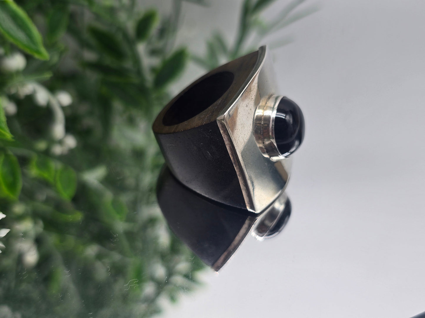 Black Onyx in 925 Sterling Silver Wooden Ring - Grounded Strength Crystal Wellness