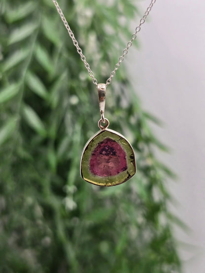 Watermelon Tourmaline 925 Silver Pendant - Chain Included (Stone of Heart Harmony) Crystal Wellness