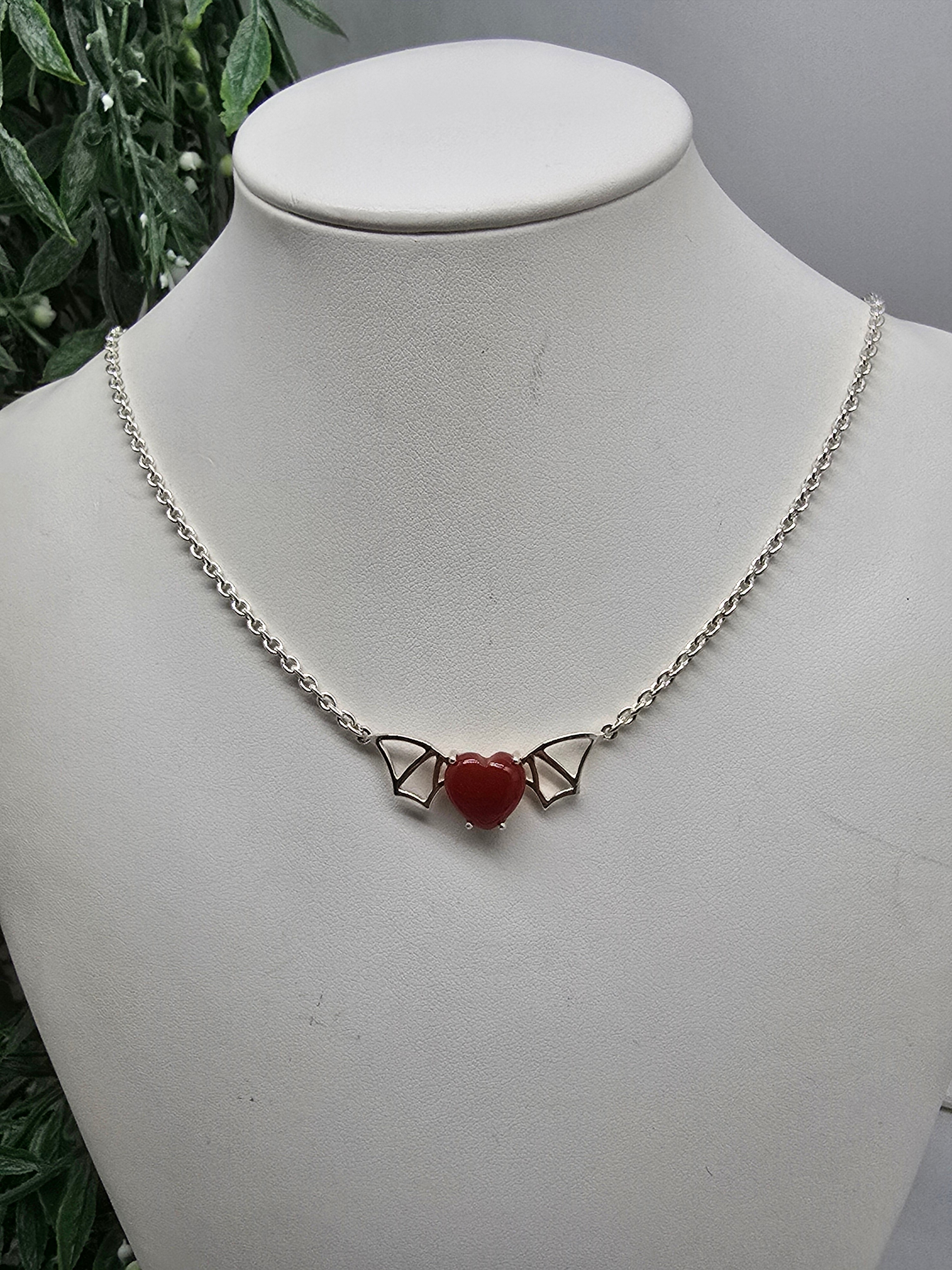 Carnelian Bat Heart Pendant with Chain (Stone of Vitality & Courage) Crystal Wellness