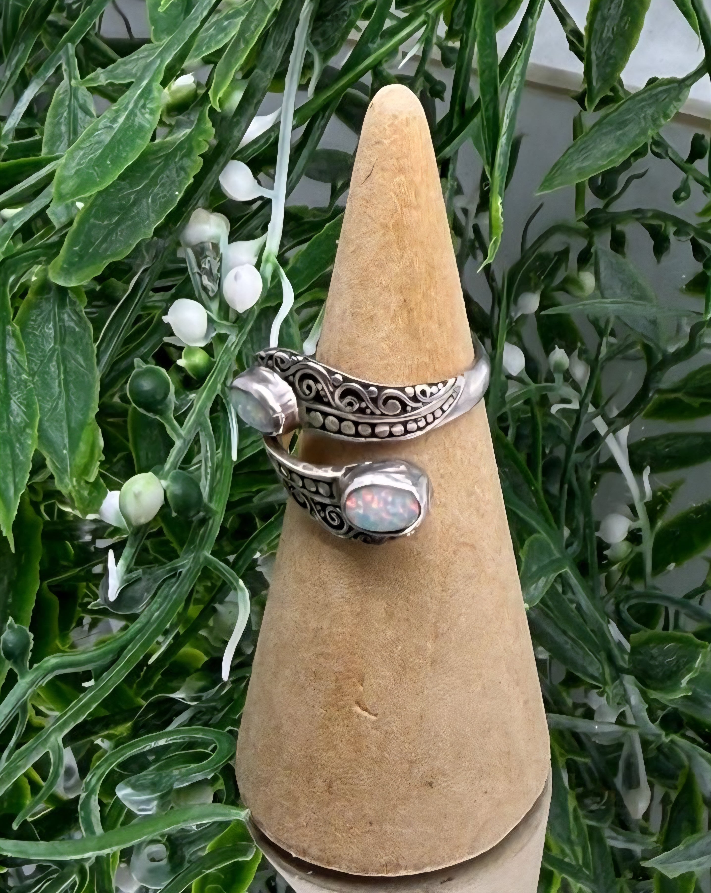 Australian Opal Fire Duo Ring – 925 Sterling Silver (Adjustable) Crystal Wellness