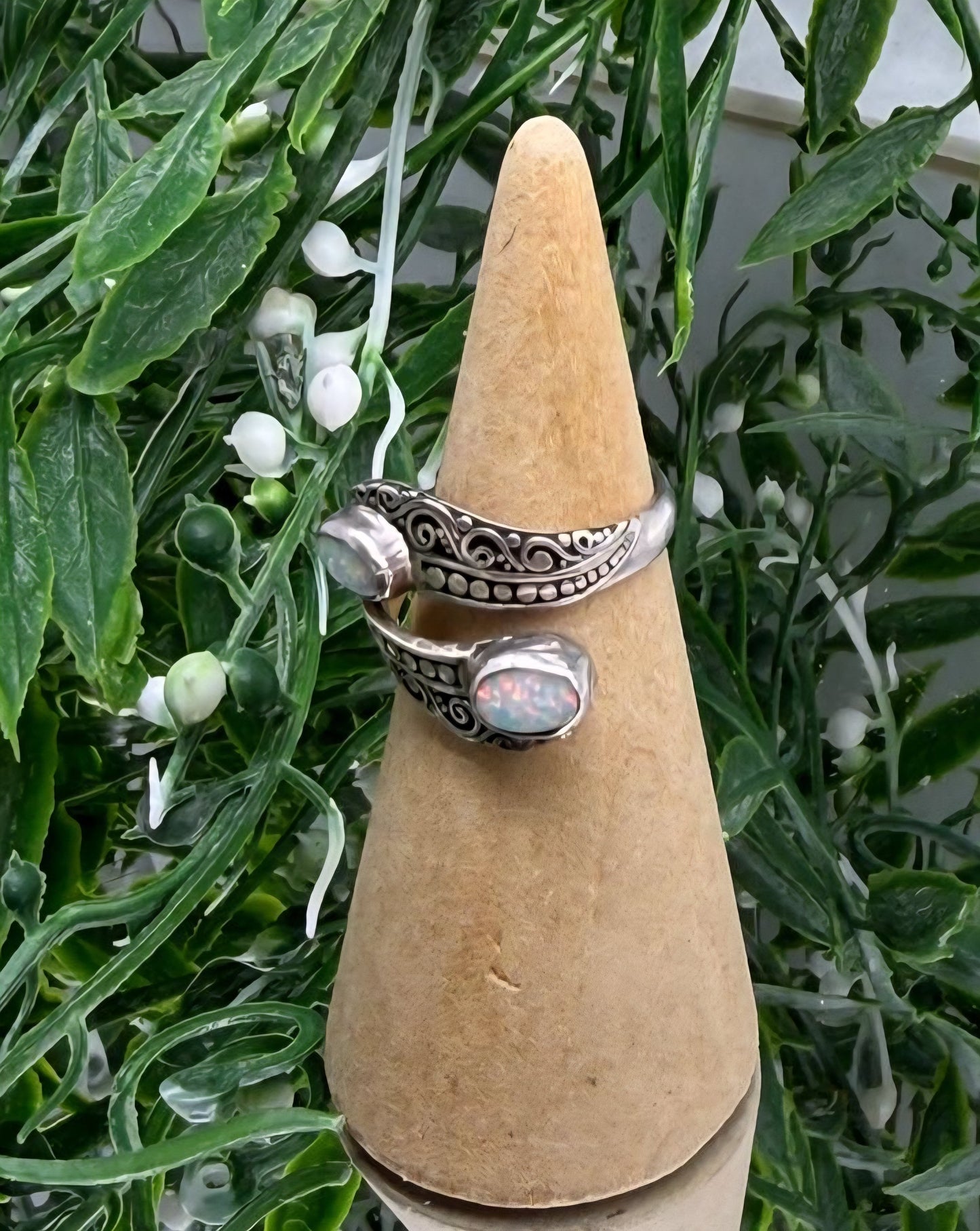Australian Opal Fire Duo Ring – 925 Sterling Silver (Adjustable) Crystal Wellness