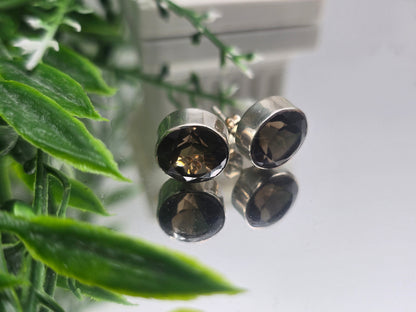 Smokey Quartz 11x11mm Round 925 Sterling Silver Studs Crystal Wellness